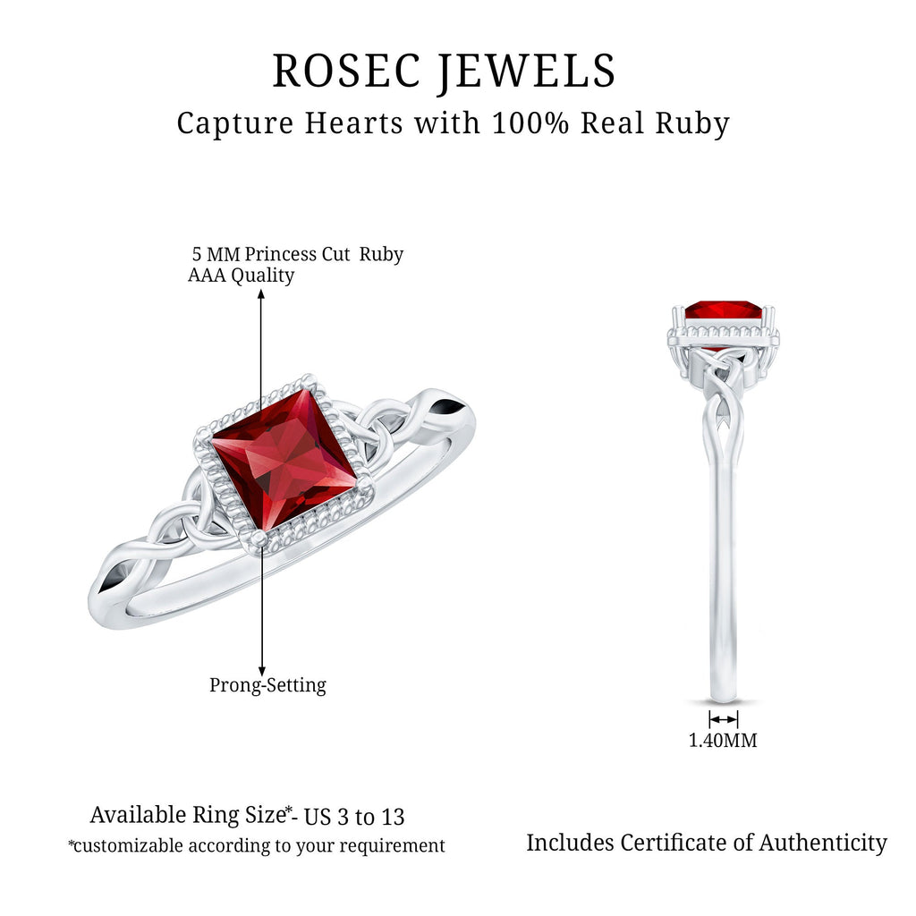 Princess Cut Ruby Solitaire Ring with Celtic Detail