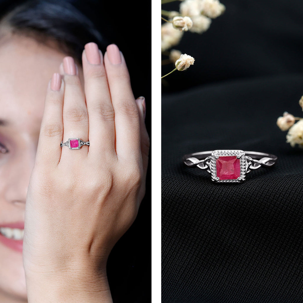 Princess Cut Ruby Solitaire Ring with Celtic Detail