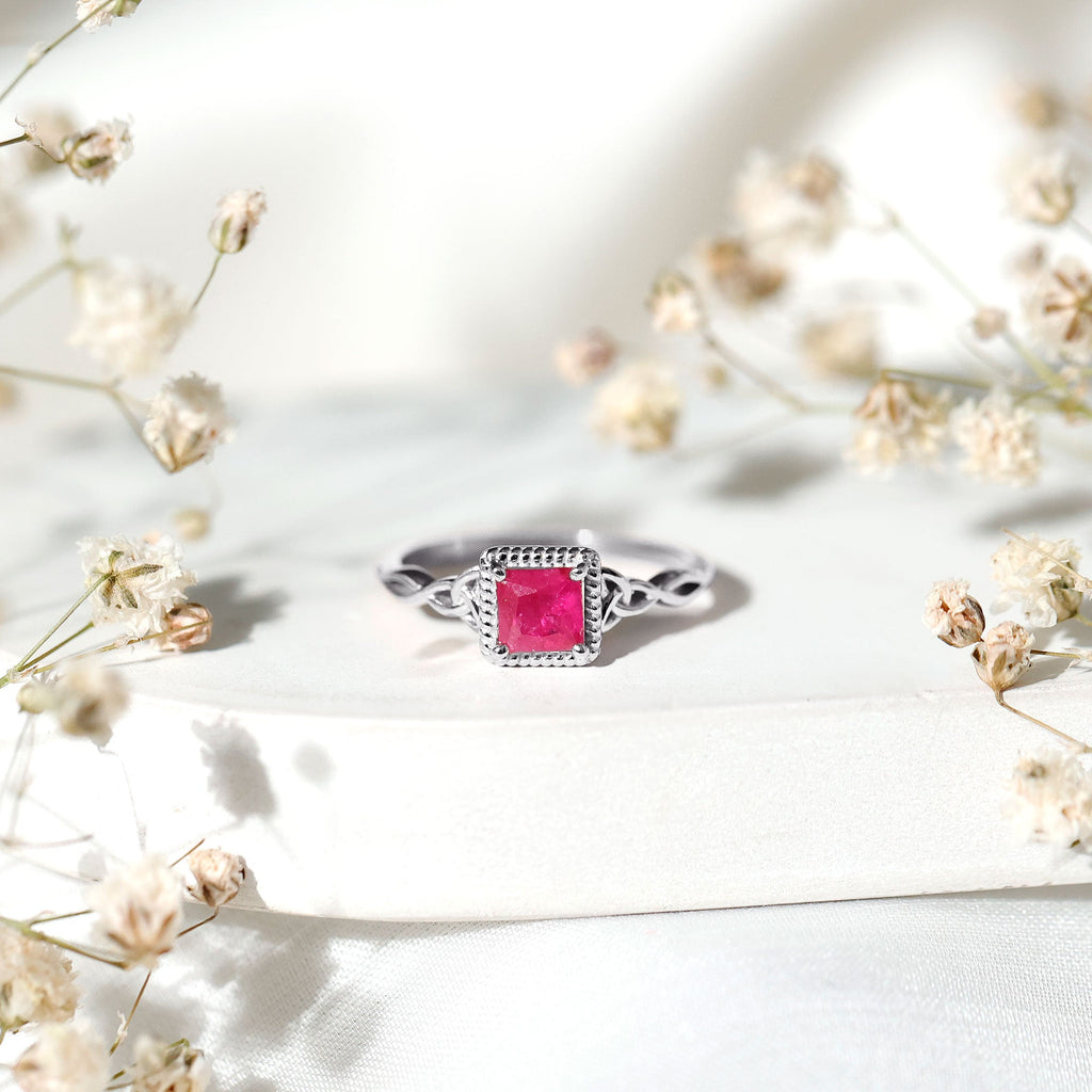 Princess Cut Ruby Solitaire Ring with Celtic Detail