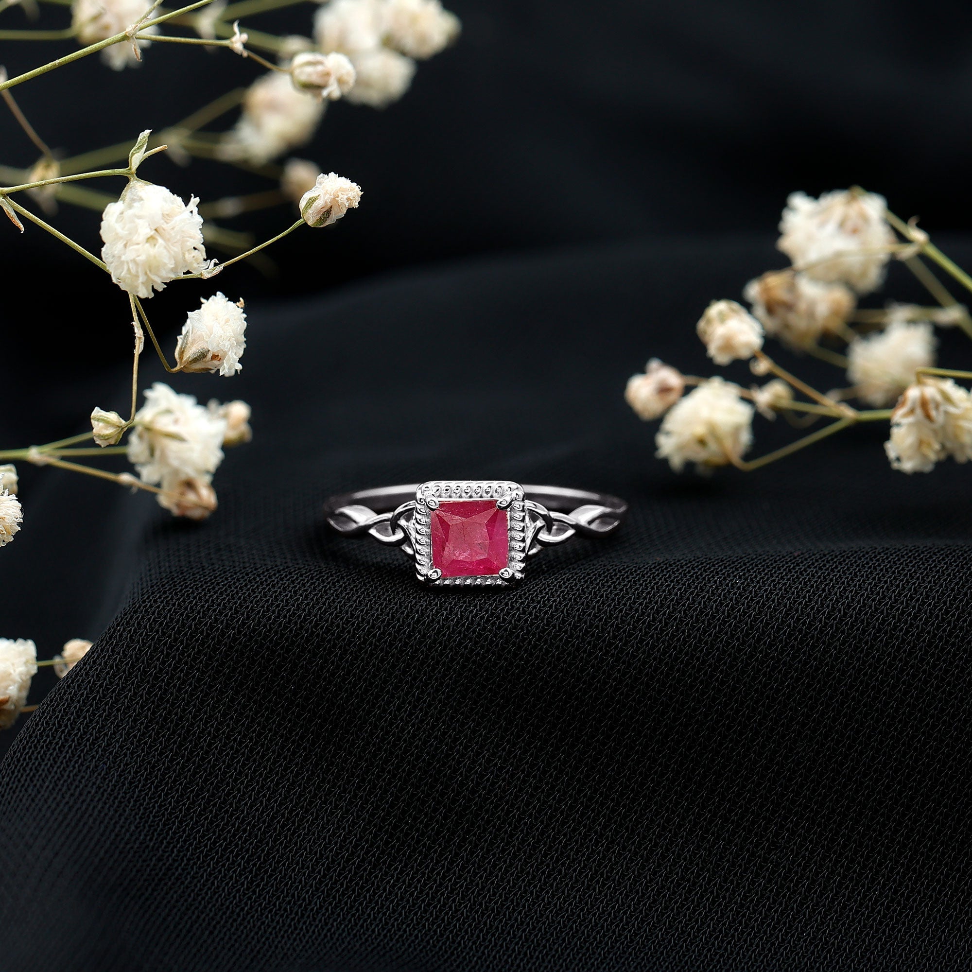 Princess Cut Ruby Solitaire Ring with Celtic Detail
