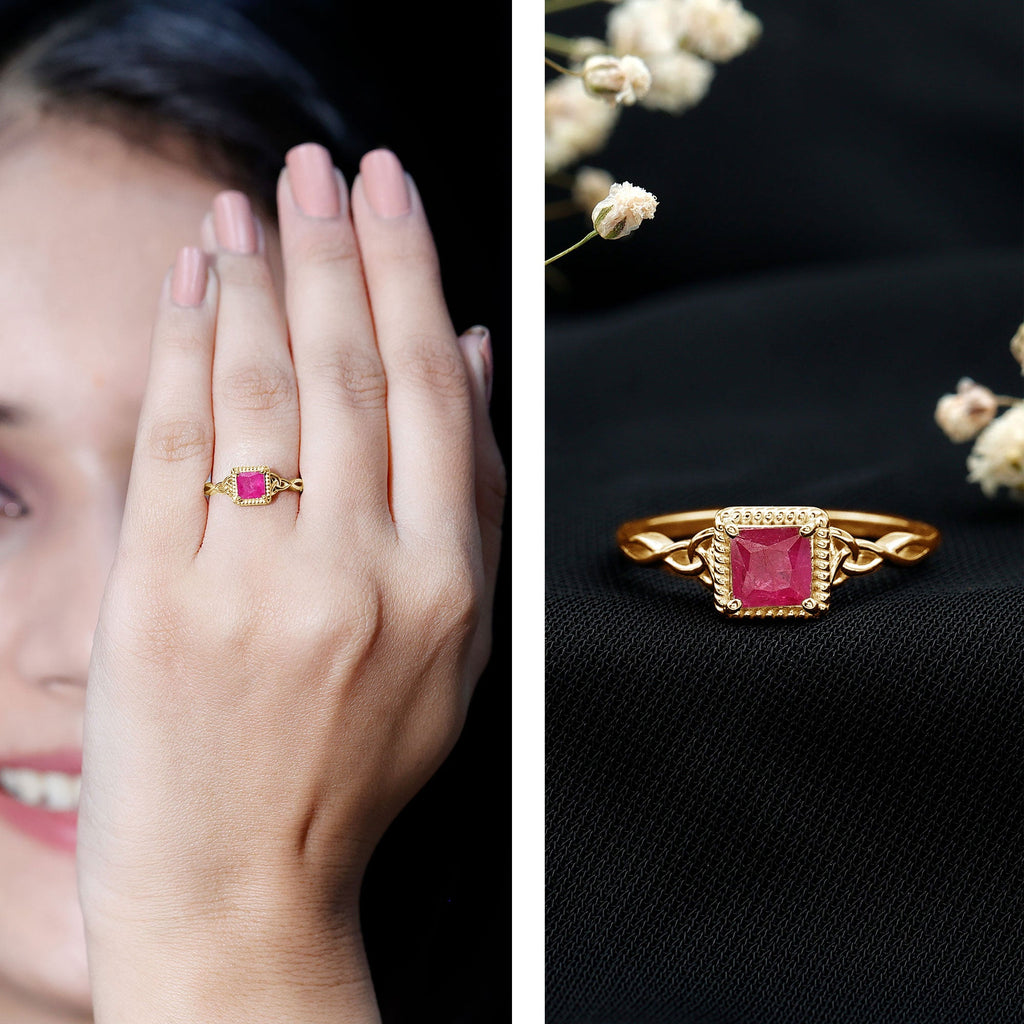 Princess Cut Ruby Solitaire Ring with Celtic Detail