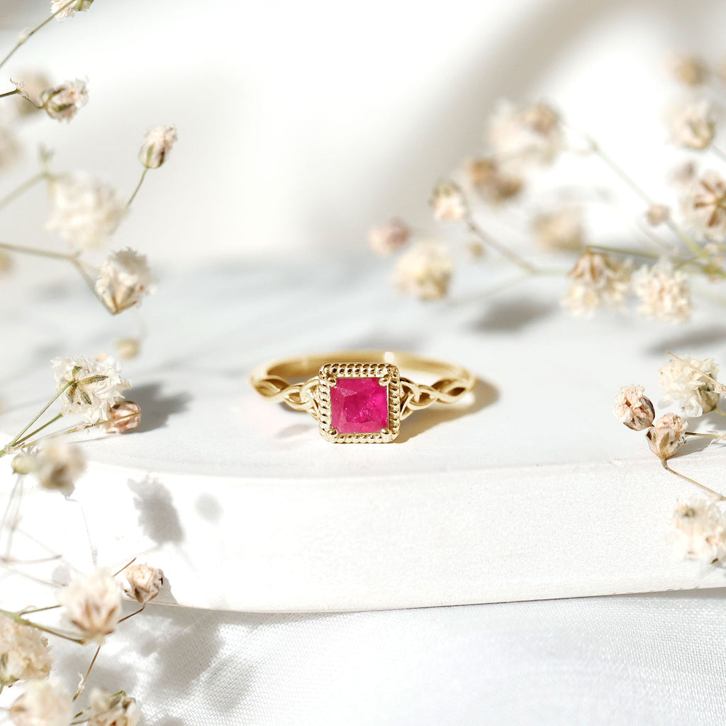 Princess Cut Ruby Solitaire Ring with Celtic Detail