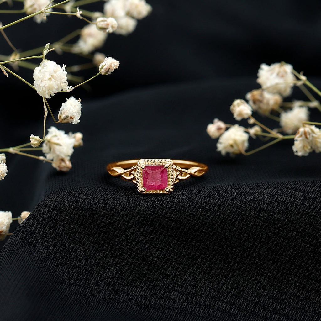 Princess Cut Ruby Solitaire Ring with Celtic Detail