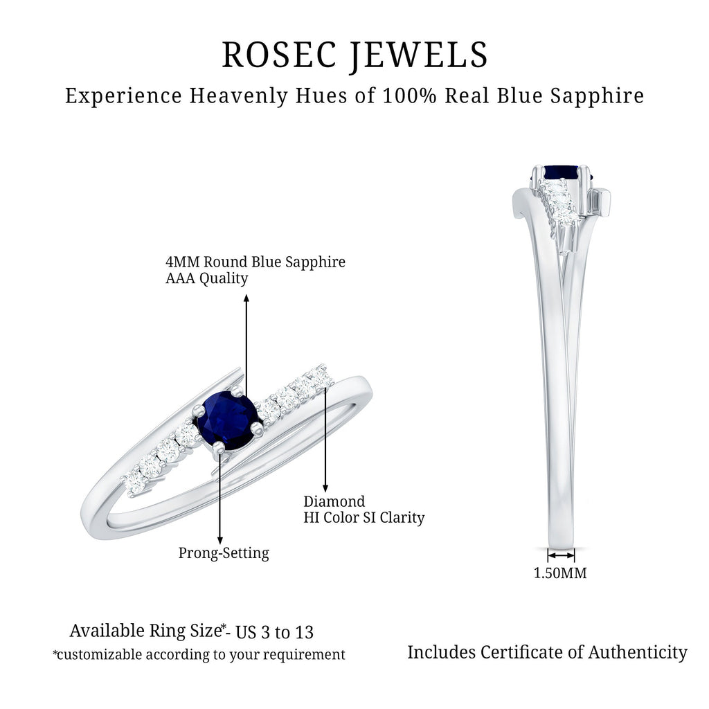 Minimal Round Blue Sapphire and Diamond Bypass Promise Ring