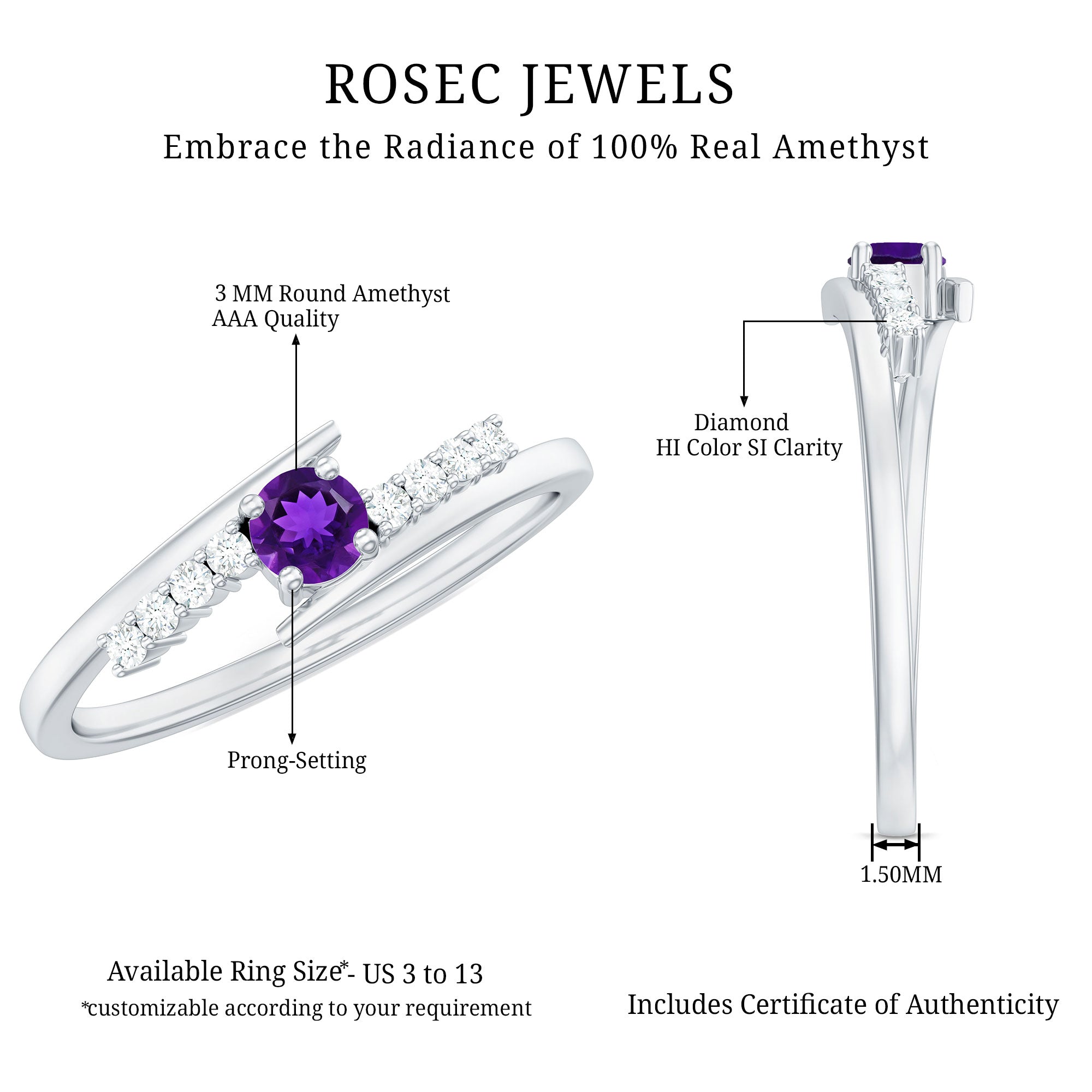 0.25 CT Amethyst Minimal Ring Diamond Bypass Shank
