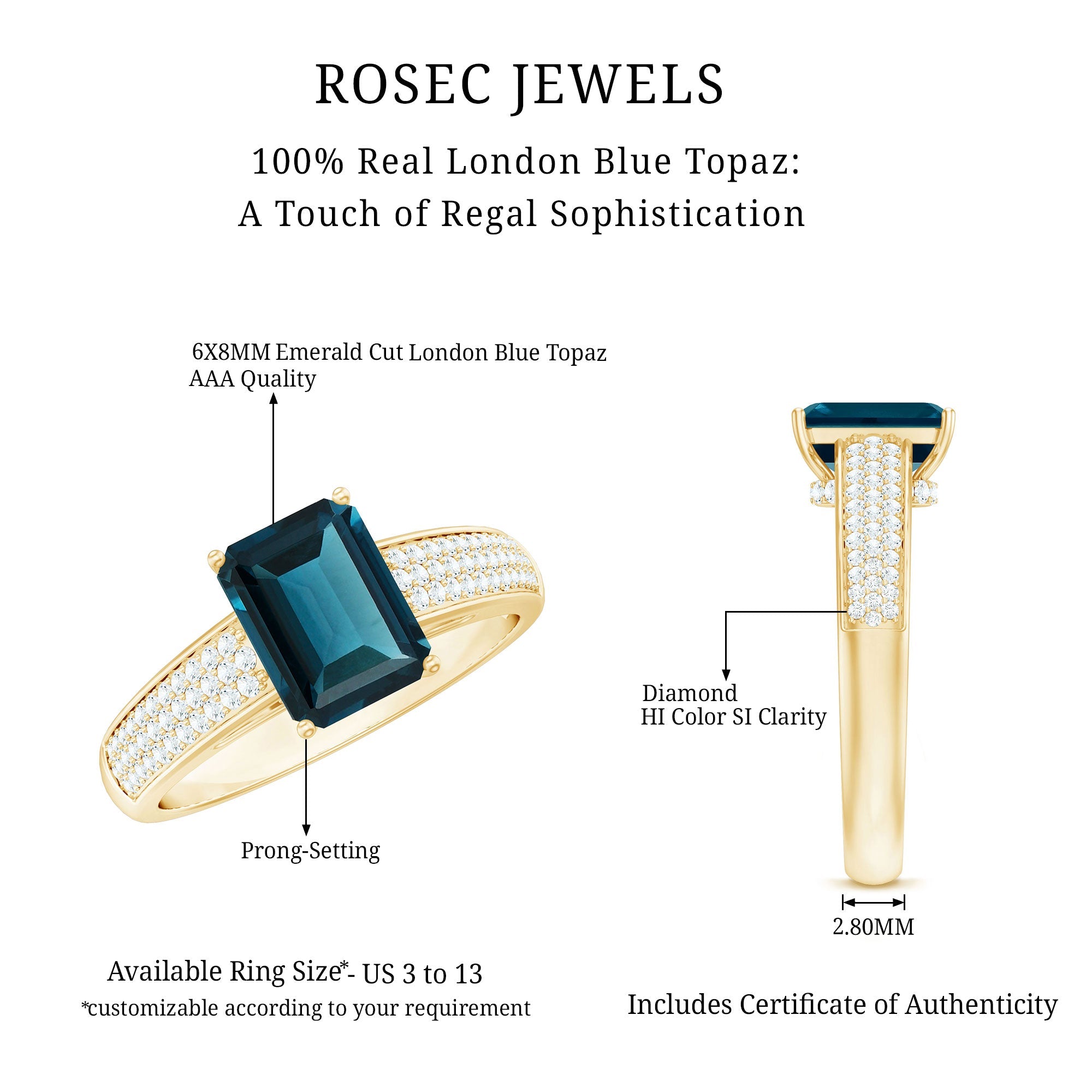 6X8mm Emerald Cut London Blue Topaz Side Stone Engagement Ring with Diamond