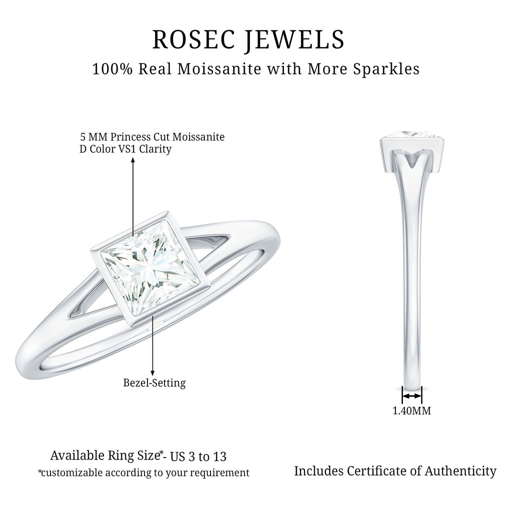 Bezel Set Princess Cut Moissanite Solitaire Promise Ring in Split Shank