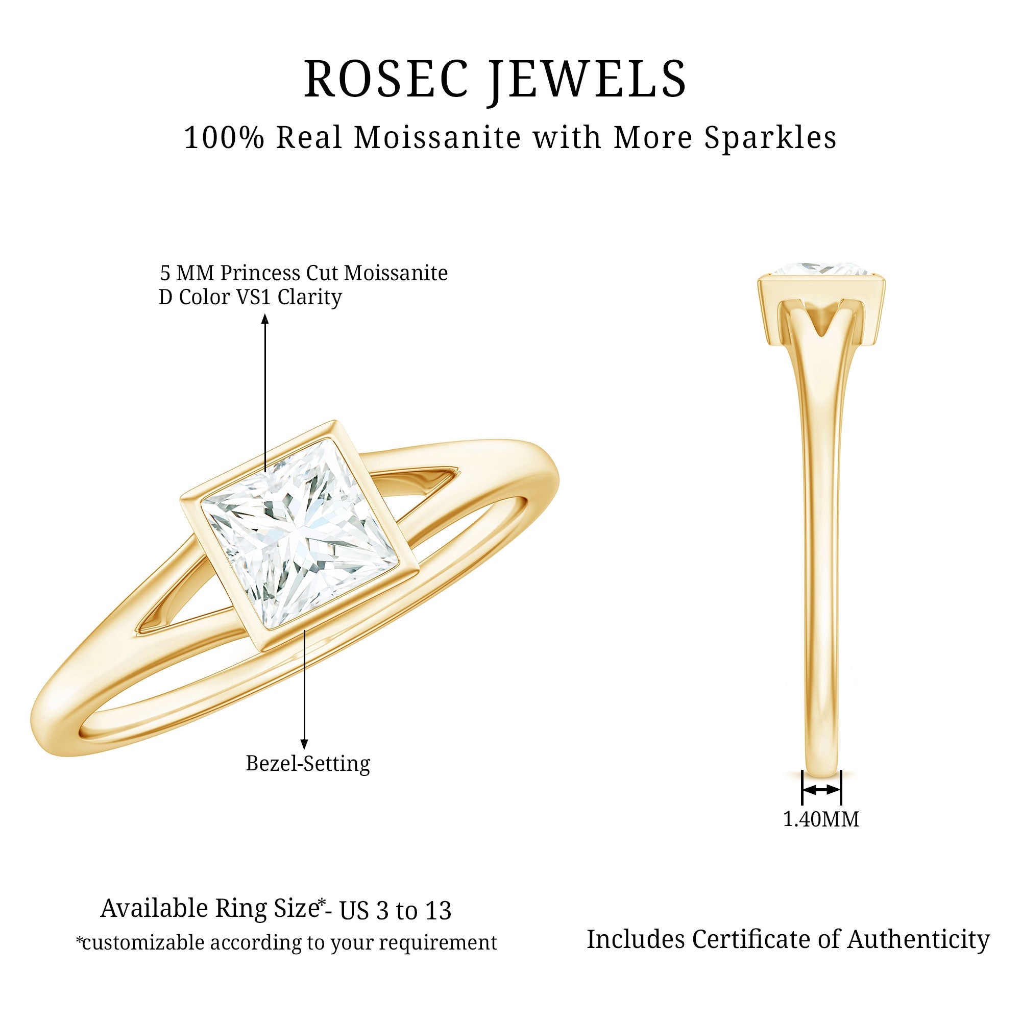 Bezel Set Princess Cut Moissanite Solitaire Promise Ring in Split Shank