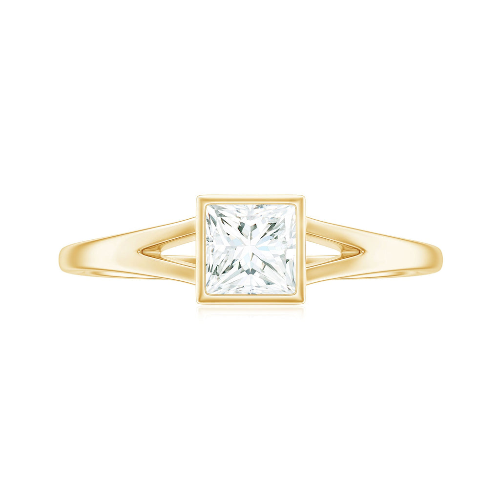 Bezel Set Princess Cut Moissanite Solitaire Promise Ring in Split Shank
