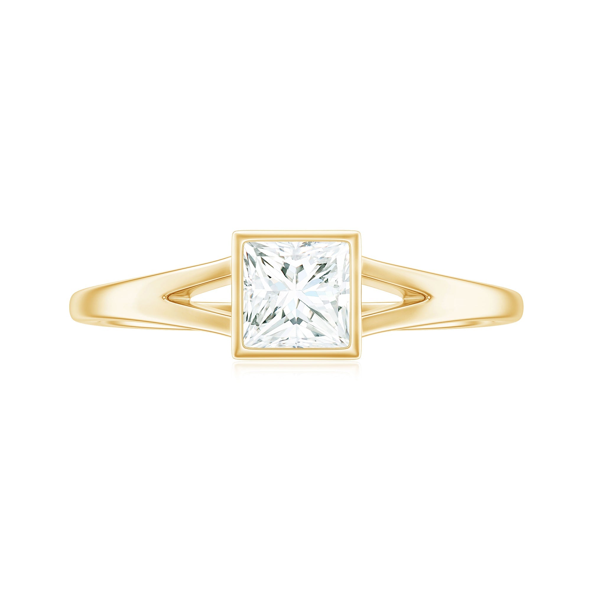 Bezel Set Princess Cut Moissanite Solitaire Promise Ring in Split Shank