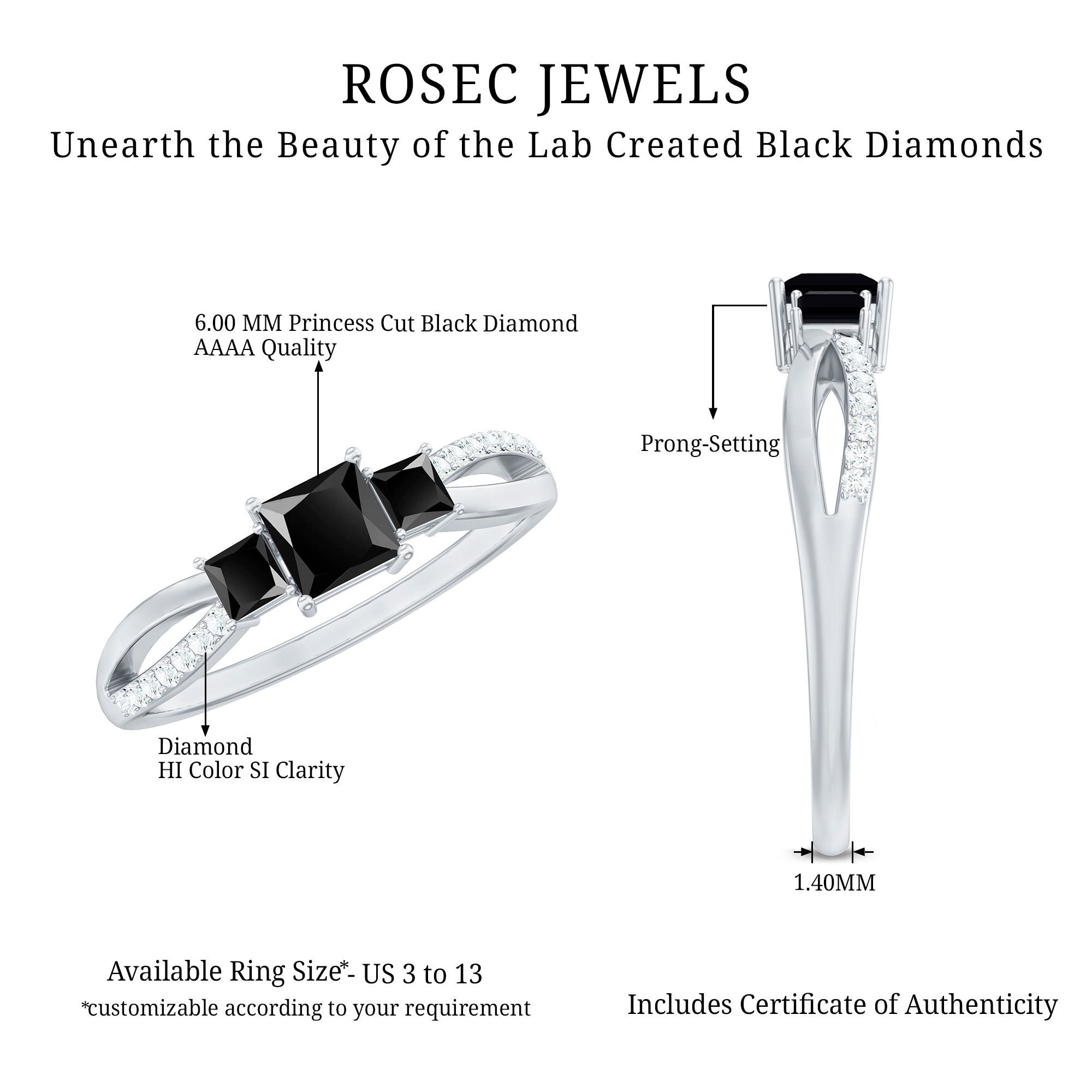 Princess Cut 3 Stone Created Black Diamond Infinity Ring with Diamond