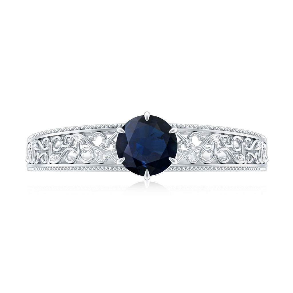 1 CT Round Cut Solitaire Blue Sapphire Filigree Engagement Ring