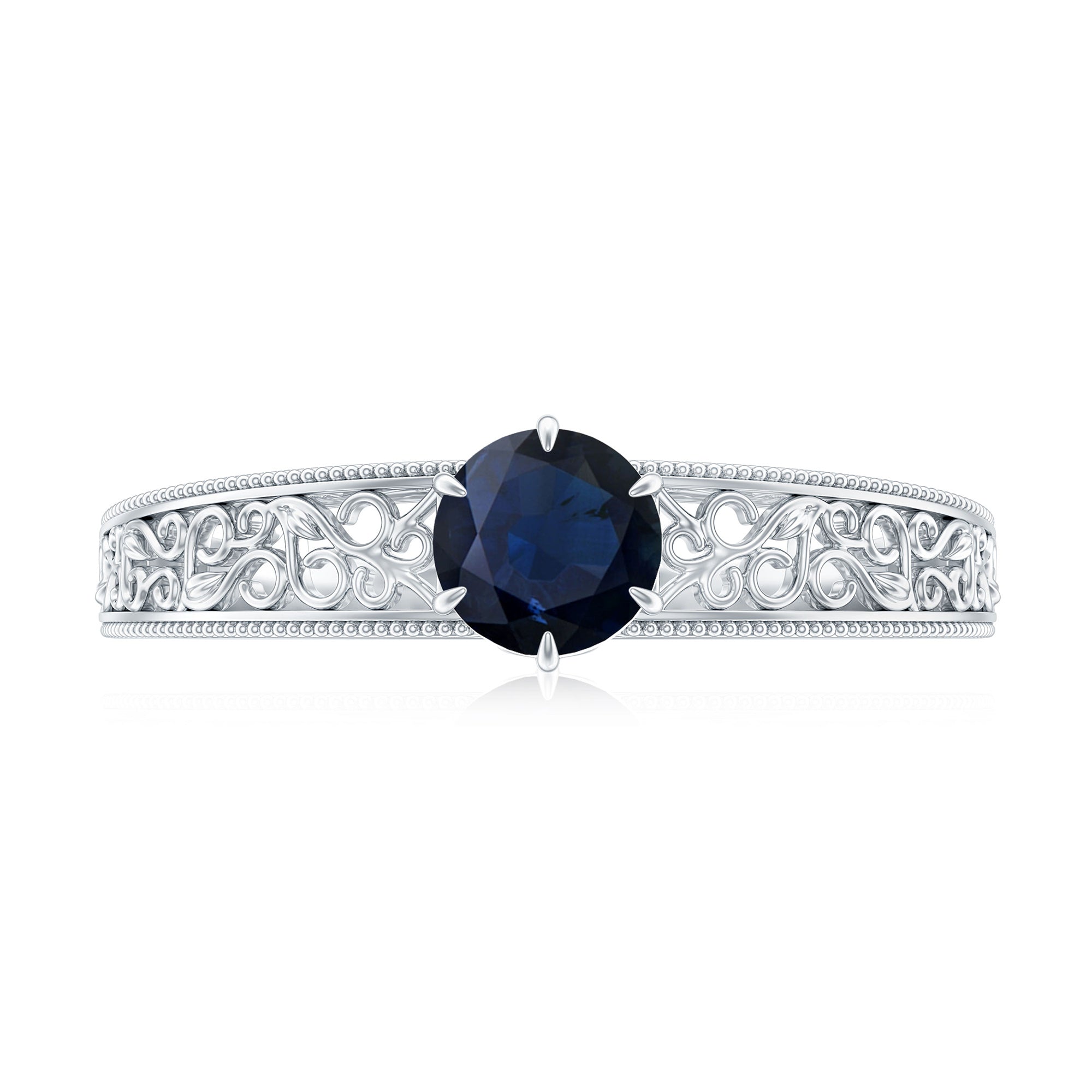1 CT Round Cut Solitaire Blue Sapphire Filigree Engagement Ring