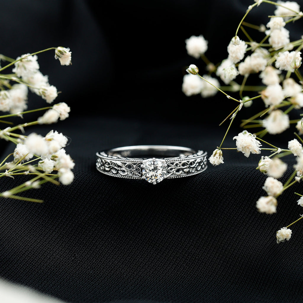 Round Cut Moissanite Solitaire Engagement Ring with Filigree Band