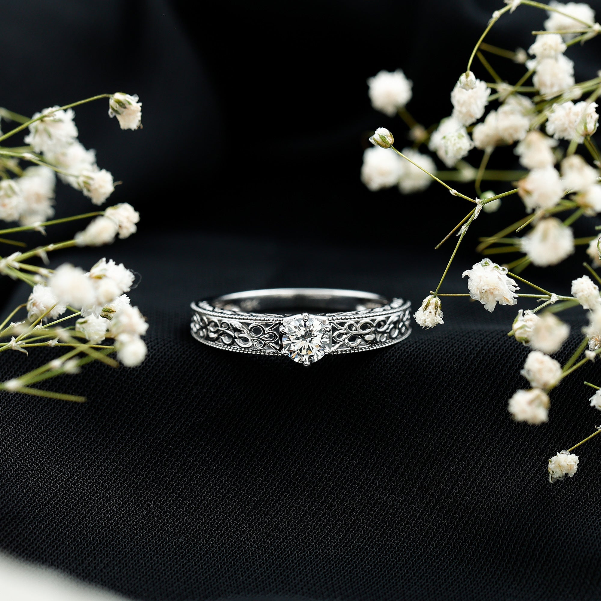Round Cut Moissanite Solitaire Engagement Ring with Filigree Band