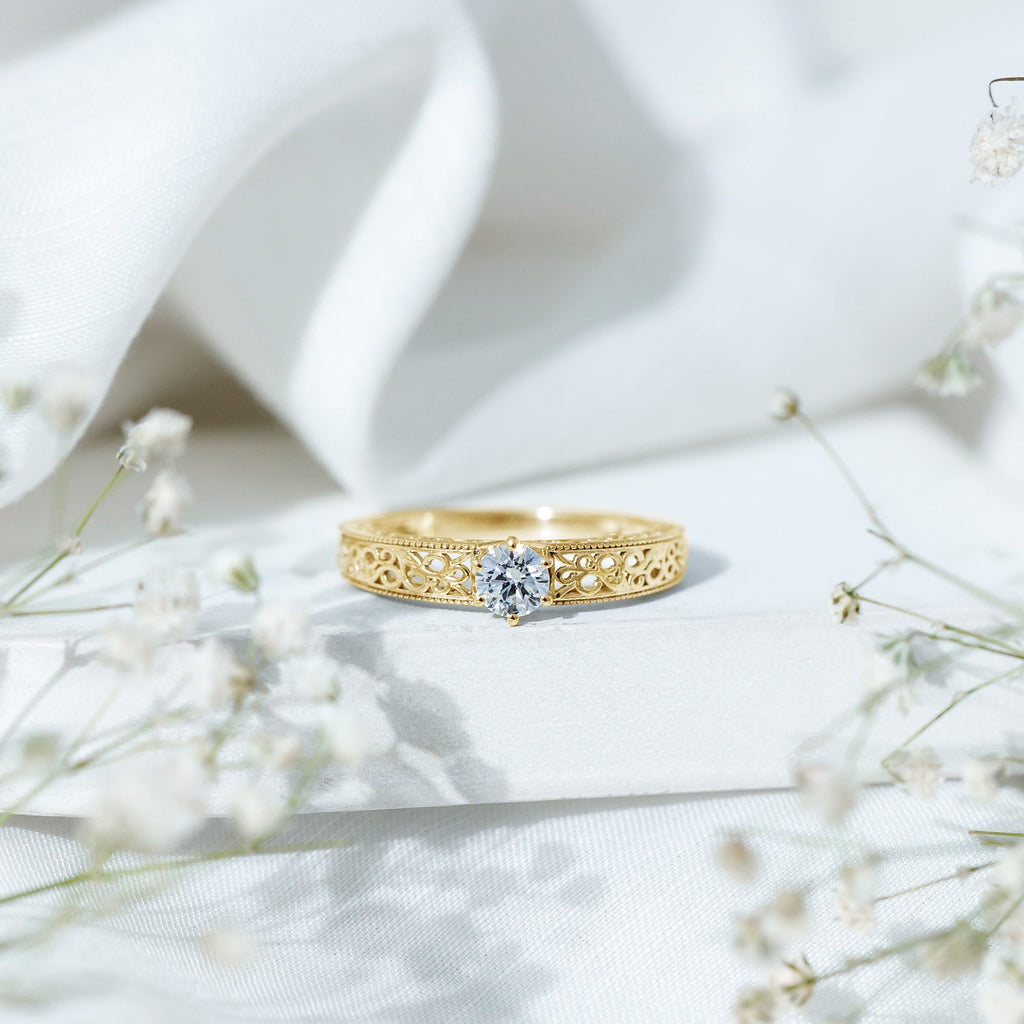 Round Cut Moissanite Solitaire Engagement Ring with Filigree Band