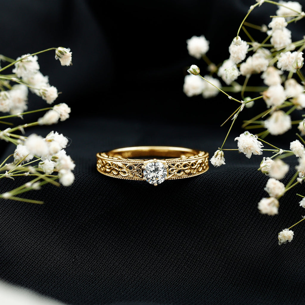 Round Cut Moissanite Solitaire Engagement Ring with Filigree Band
