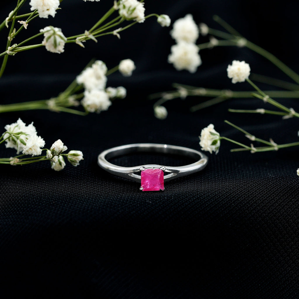 Princess Cut Ruby Solitaire Ring in Split Shank