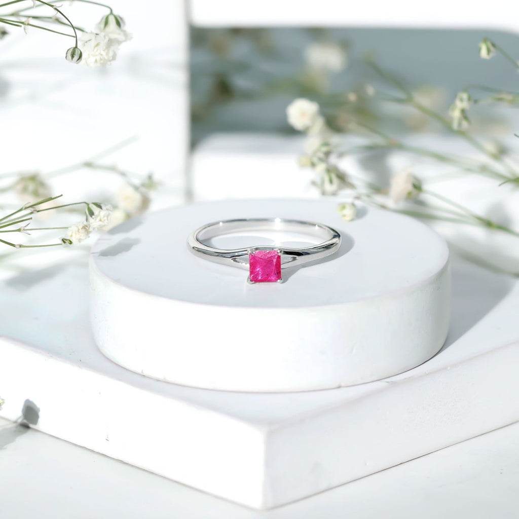 Princess Cut Ruby Solitaire Ring in Split Shank