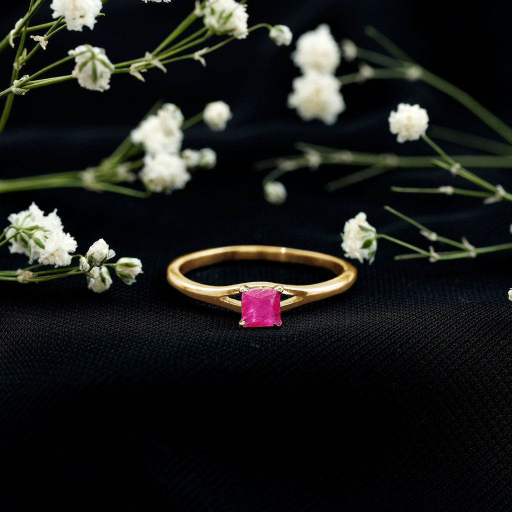 Princess Cut Ruby Solitaire Ring in Split Shank