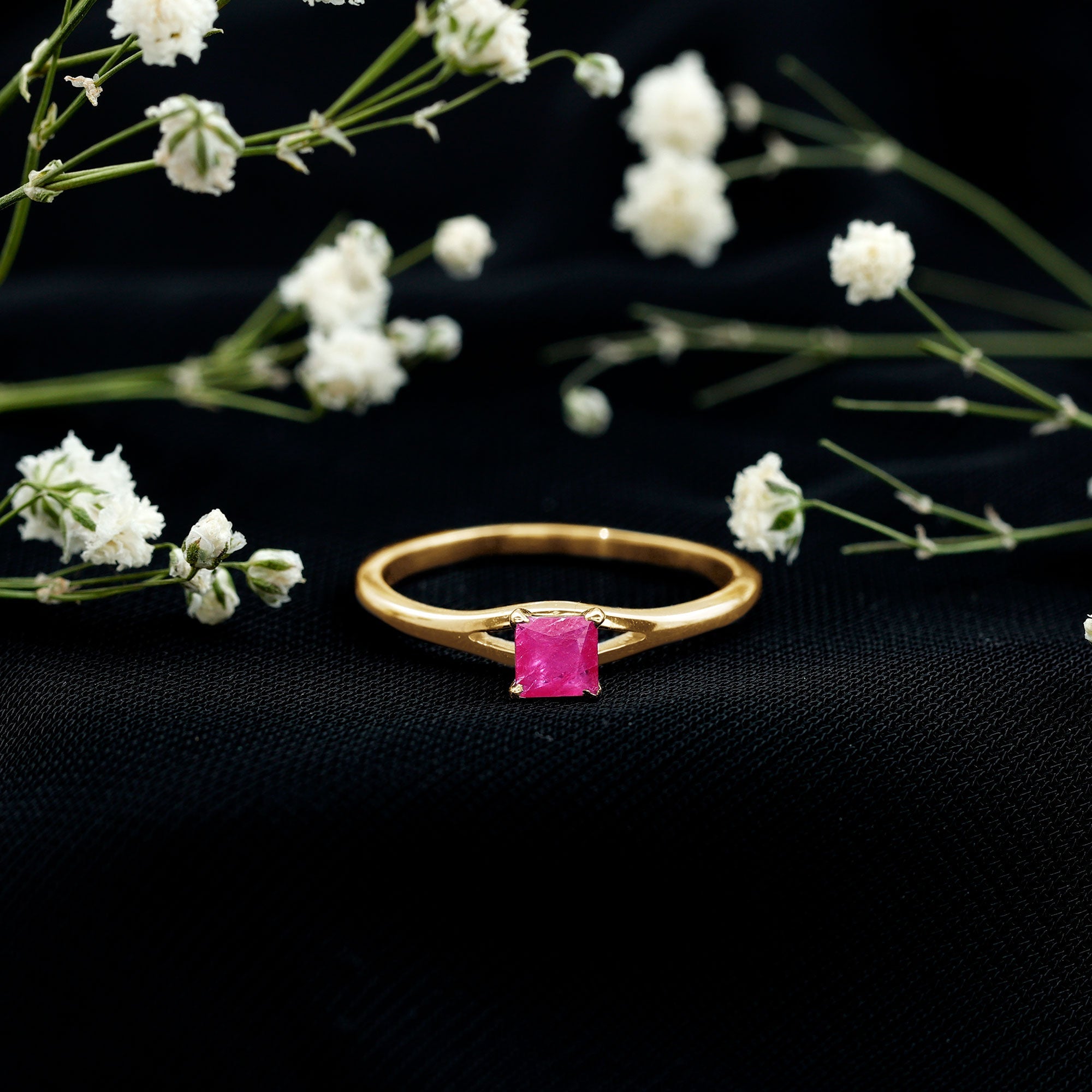 Princess Cut Ruby Solitaire Ring in Split Shank