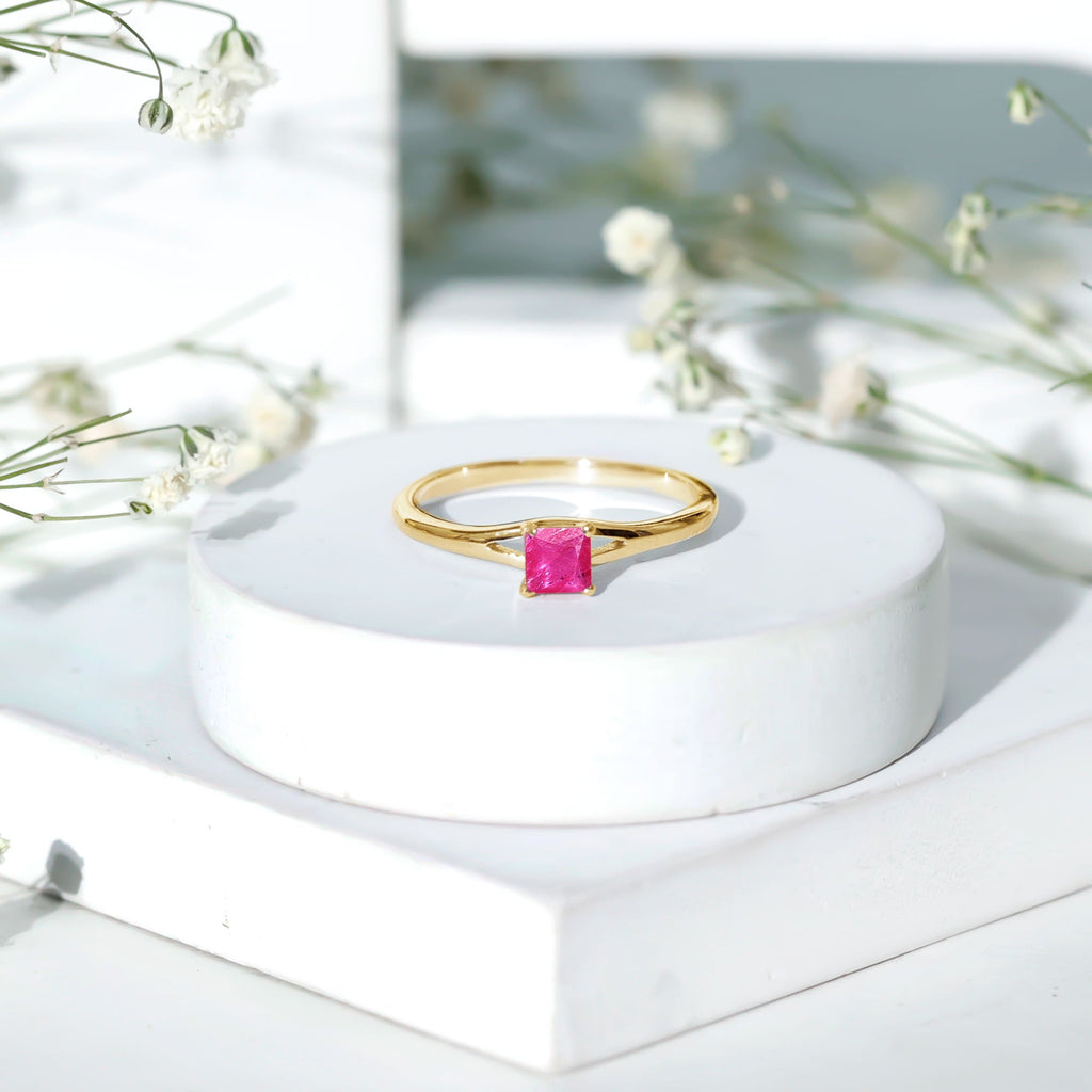 Princess Cut Ruby Solitaire Ring in Split Shank