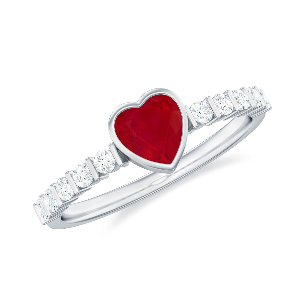 Heart Ruby Solitaire Engagement Ring with Diamond in Bezel Setting