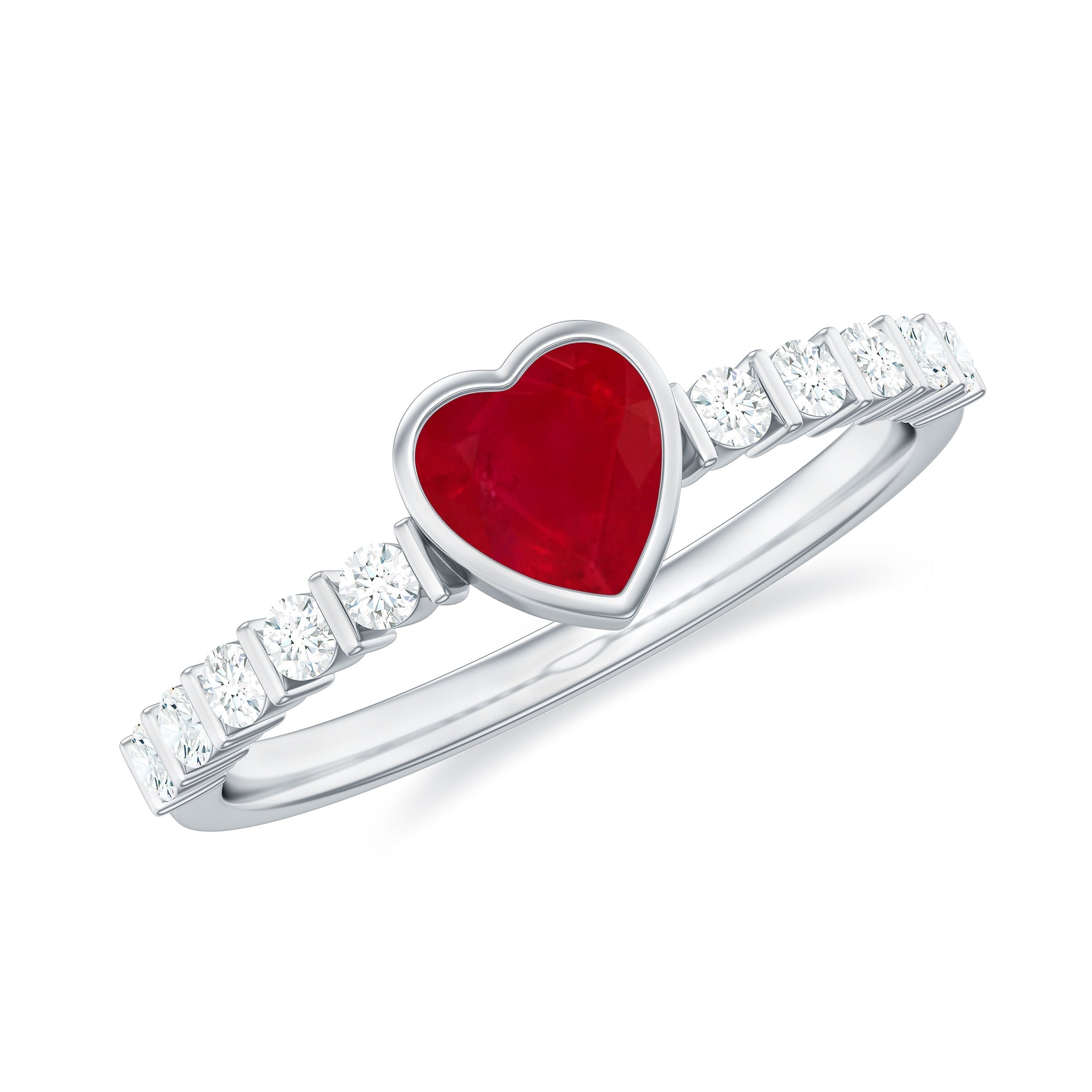 Heart Ruby Solitaire Engagement Ring with Diamond in Bezel Setting