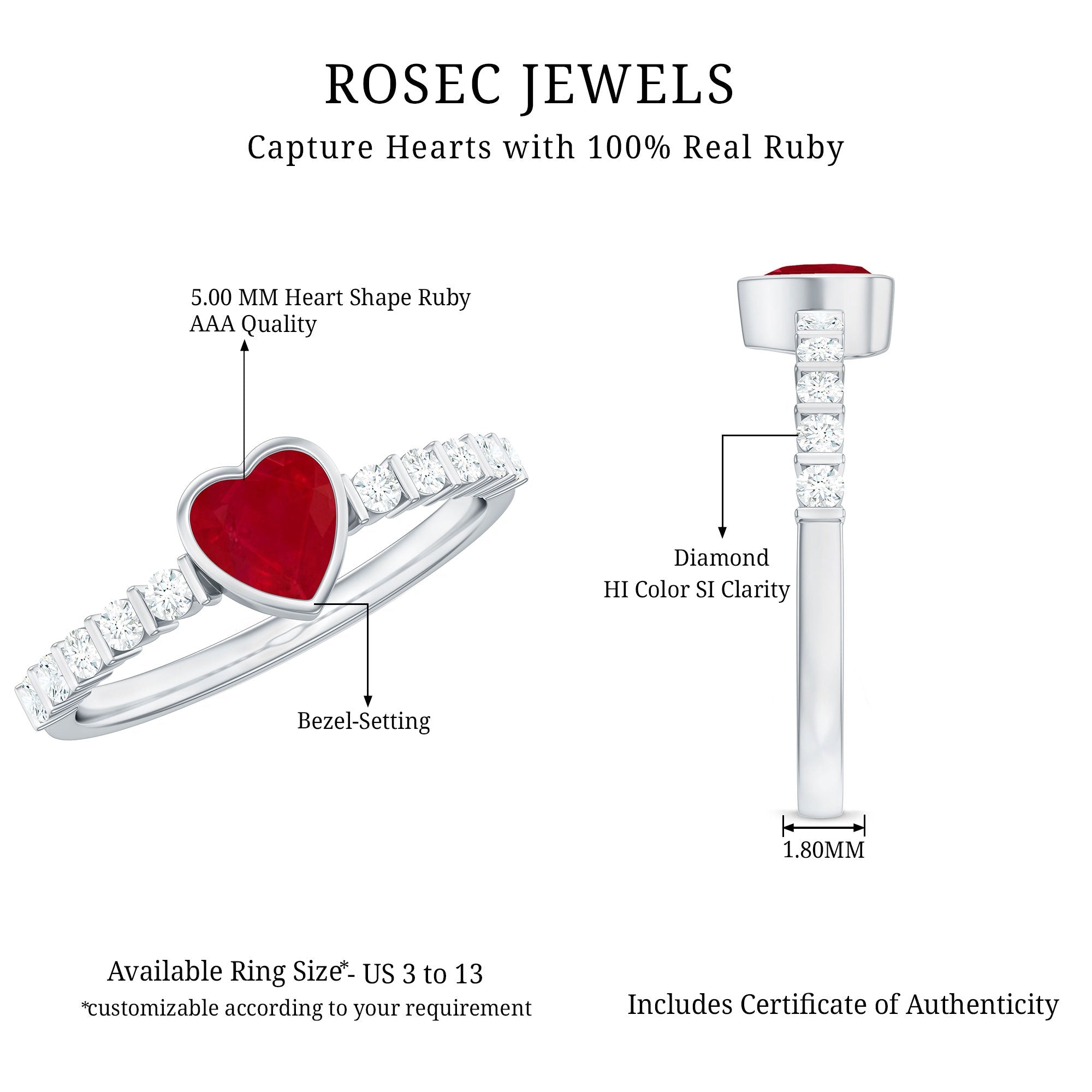 Heart Ruby Solitaire Engagement Ring with Diamond in Bezel Setting