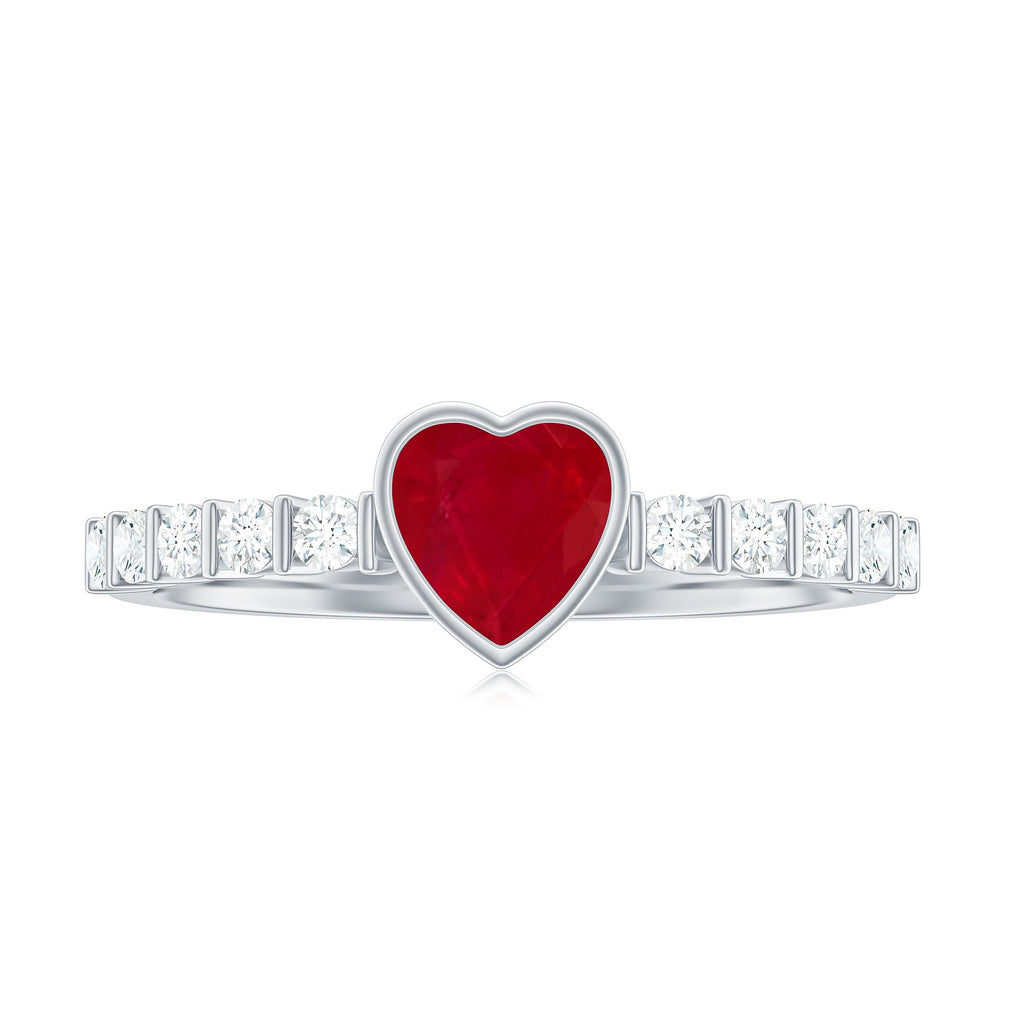 Heart Ruby Solitaire Engagement Ring with Diamond in Bezel Setting
