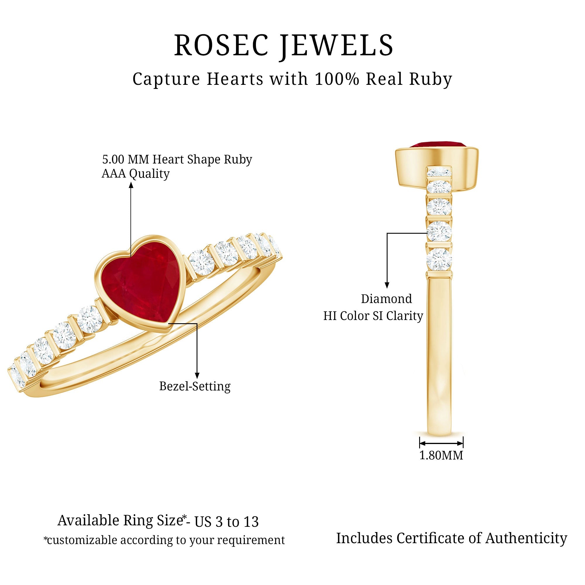 Heart Ruby Solitaire Engagement Ring with Diamond in Bezel Setting