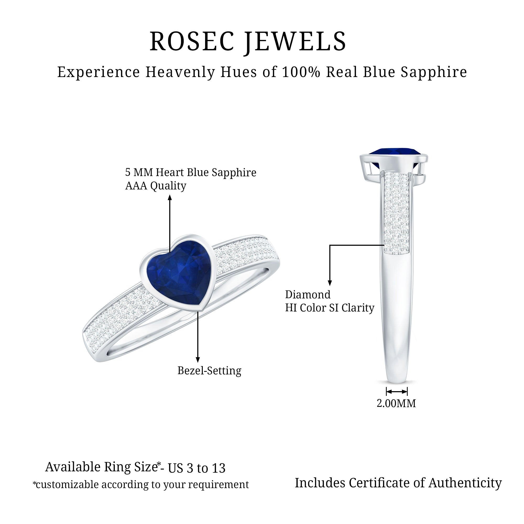 1 CT Blue Sapphire Heart Solitaire Engagement Ring with Pave Diamond