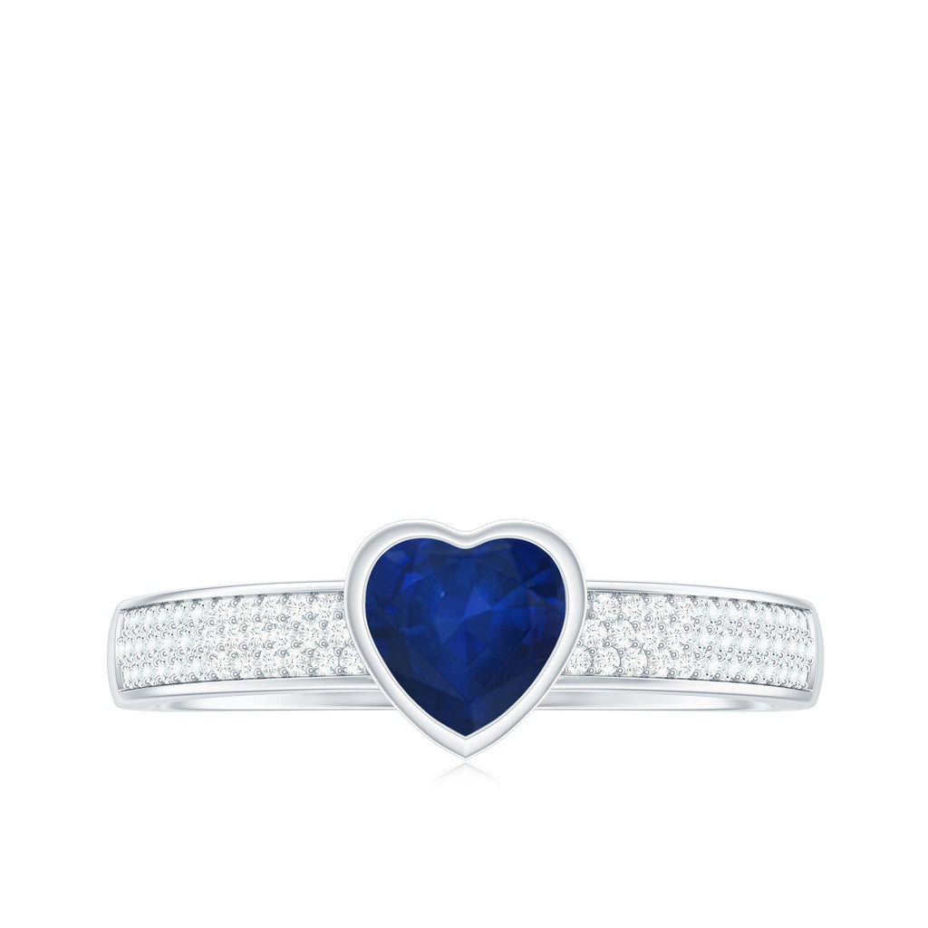 1 CT Blue Sapphire Heart Solitaire Engagement Ring with Pave Diamond