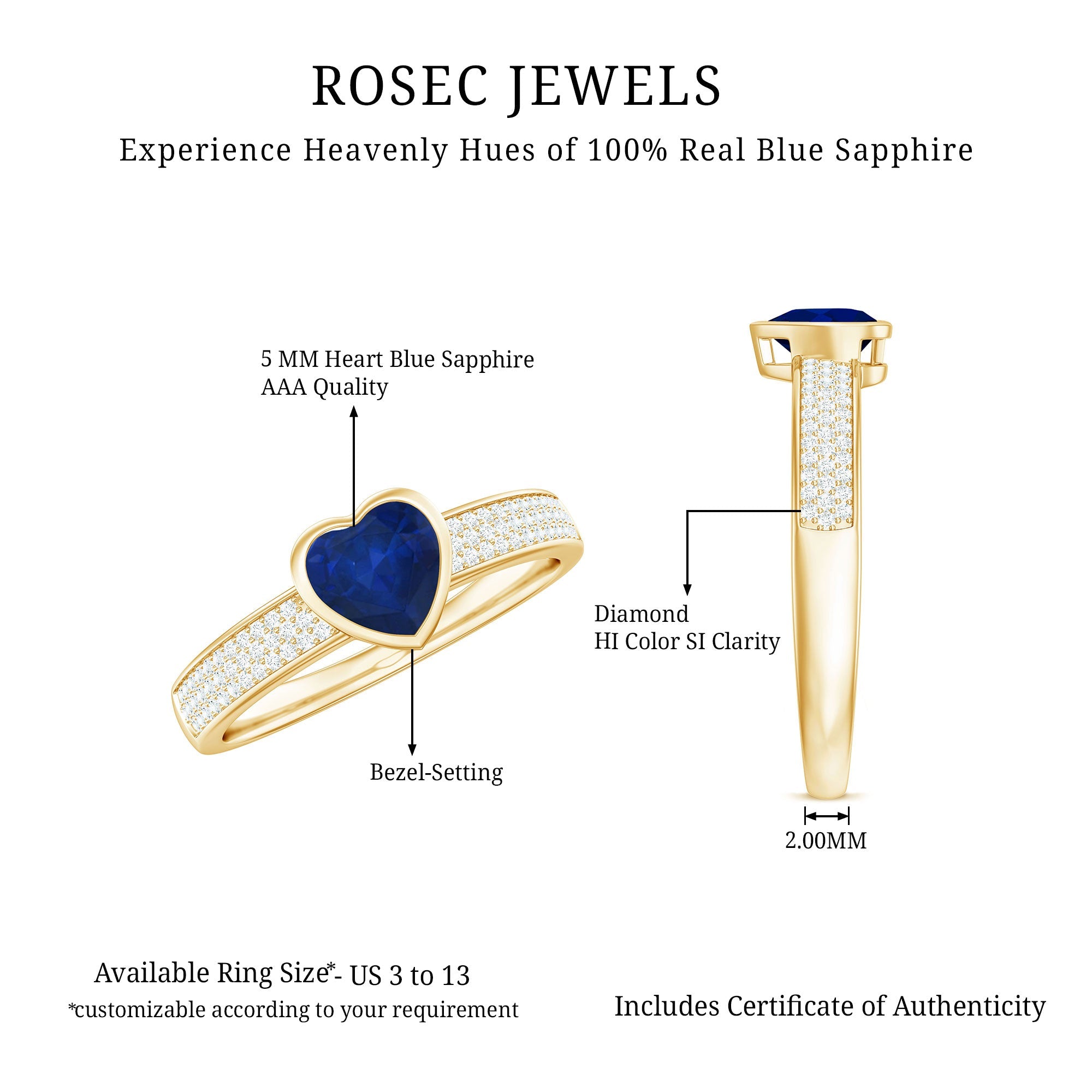 1 CT Blue Sapphire Heart Solitaire Engagement Ring with Pave Diamond