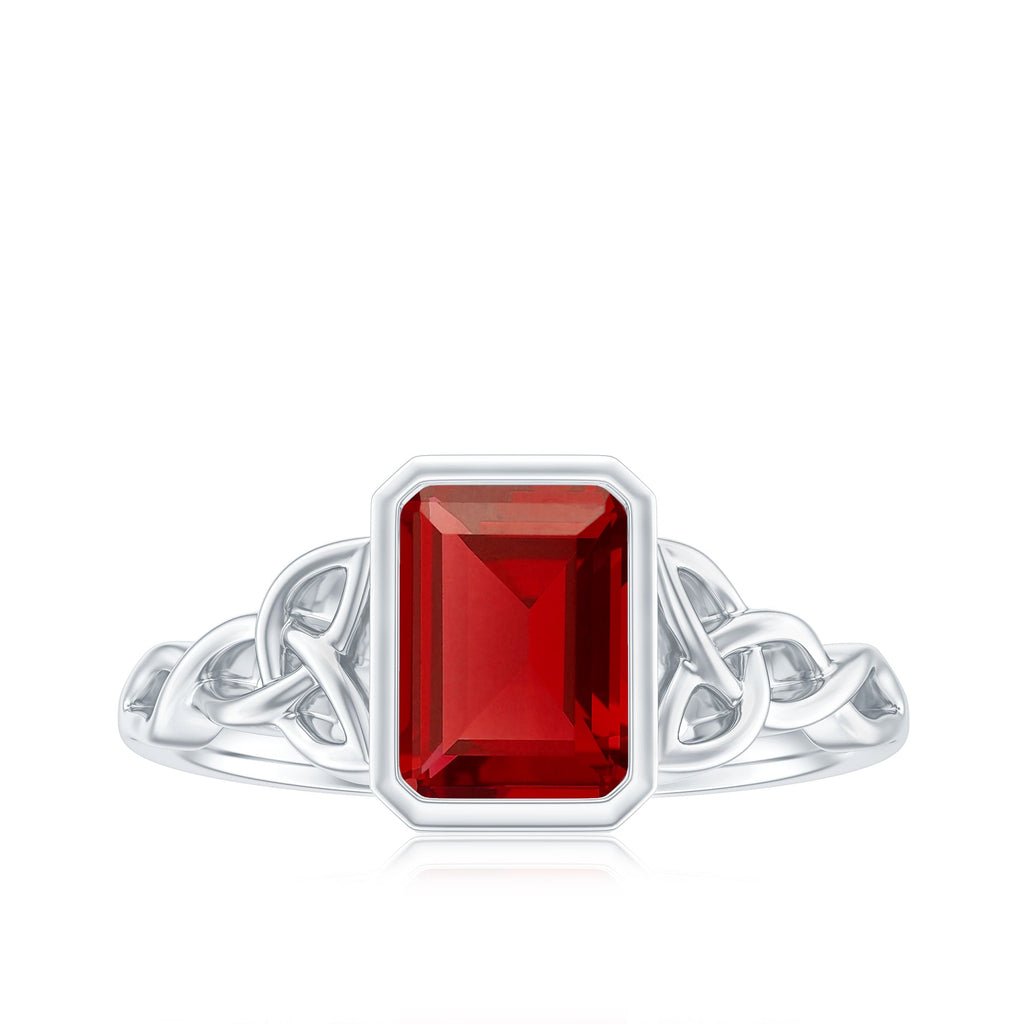 Bezel Set Emerald Cut Lab Created Ruby Celtic Engagement Ring