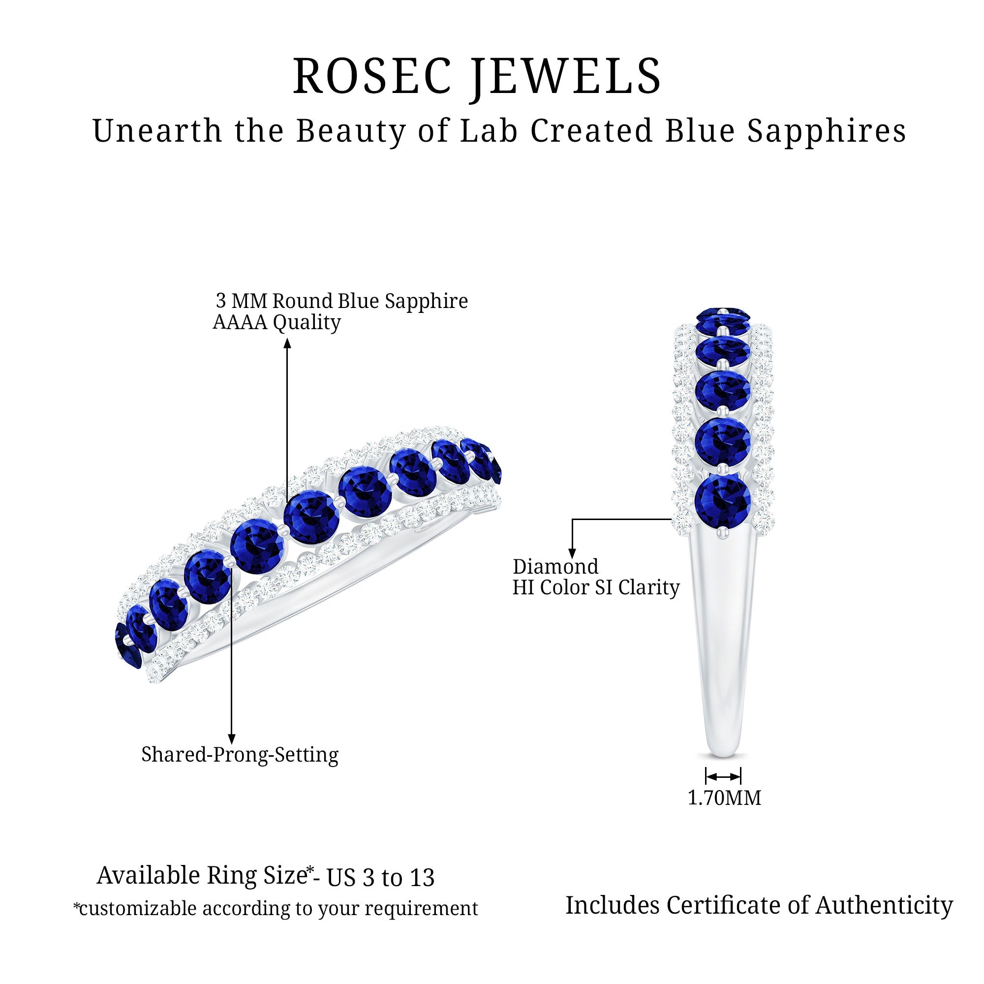 Certified Lab Grown Blue Sapphire Half Eternity Band Ring with Diamond