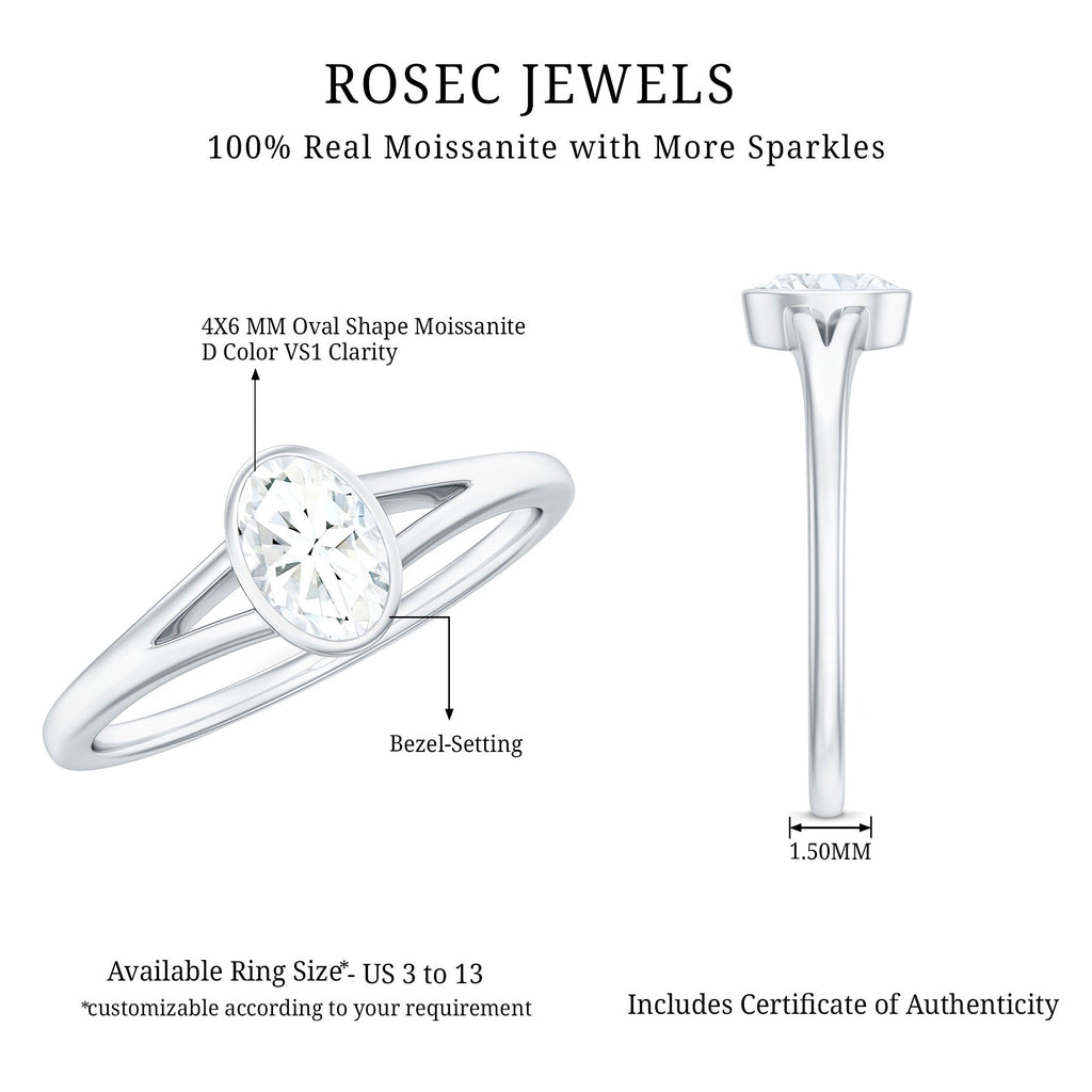 Bezel Set Oval Cut Moissanite Promise Ring in Split Shank