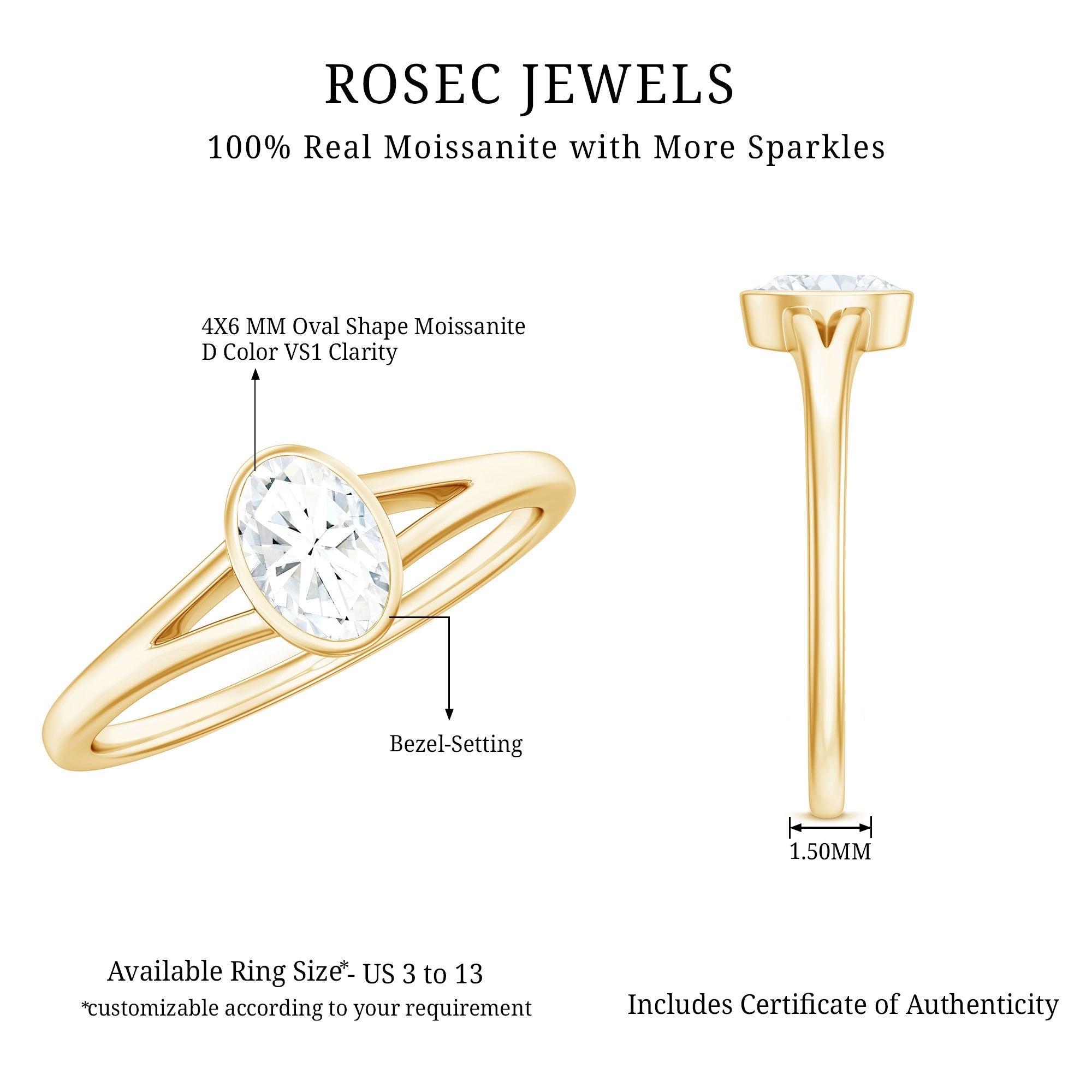 Bezel Set Oval Cut Moissanite Promise Ring in Split Shank