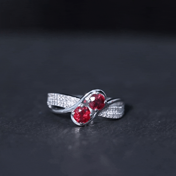Two Stone Ruby Bypass Engagement Ring with Diamond
