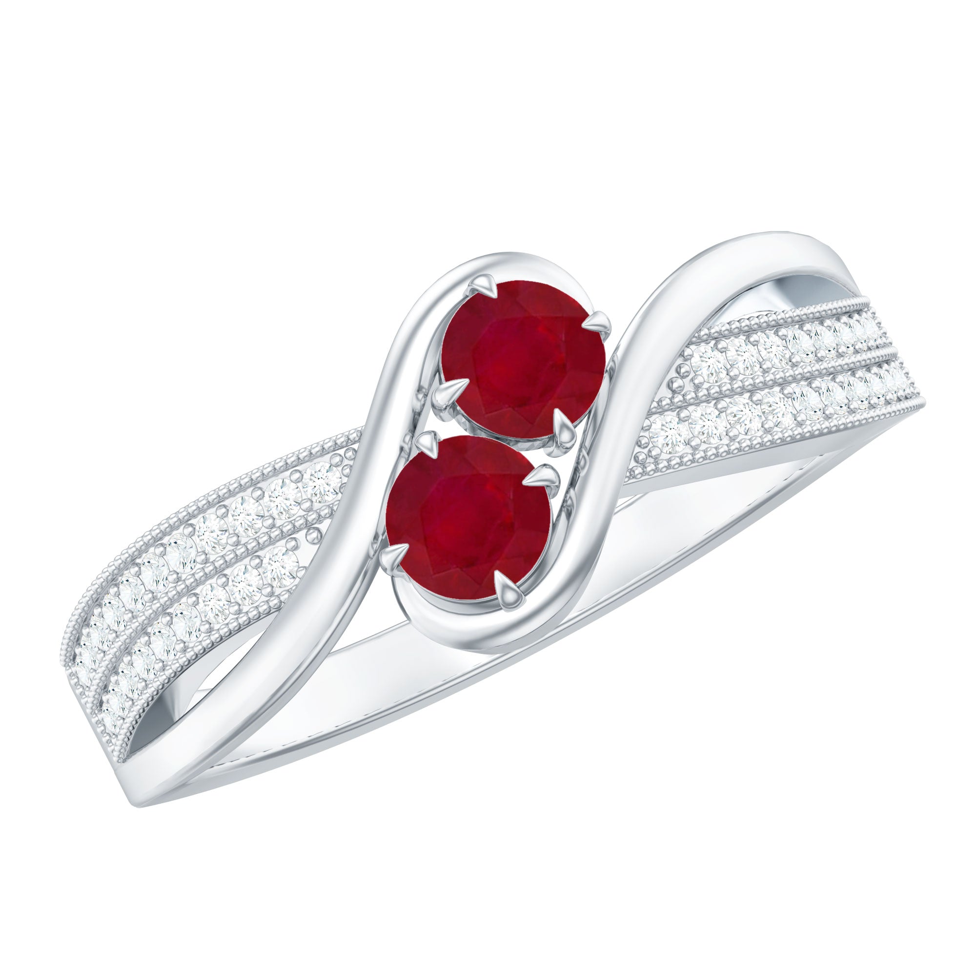 Two Stone Ruby Bypass Engagement Ring with Diamond