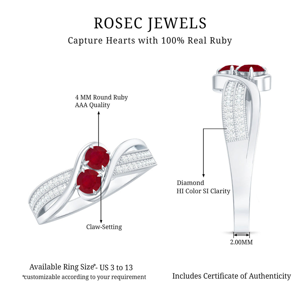 Two Stone Ruby Bypass Engagement Ring with Diamond