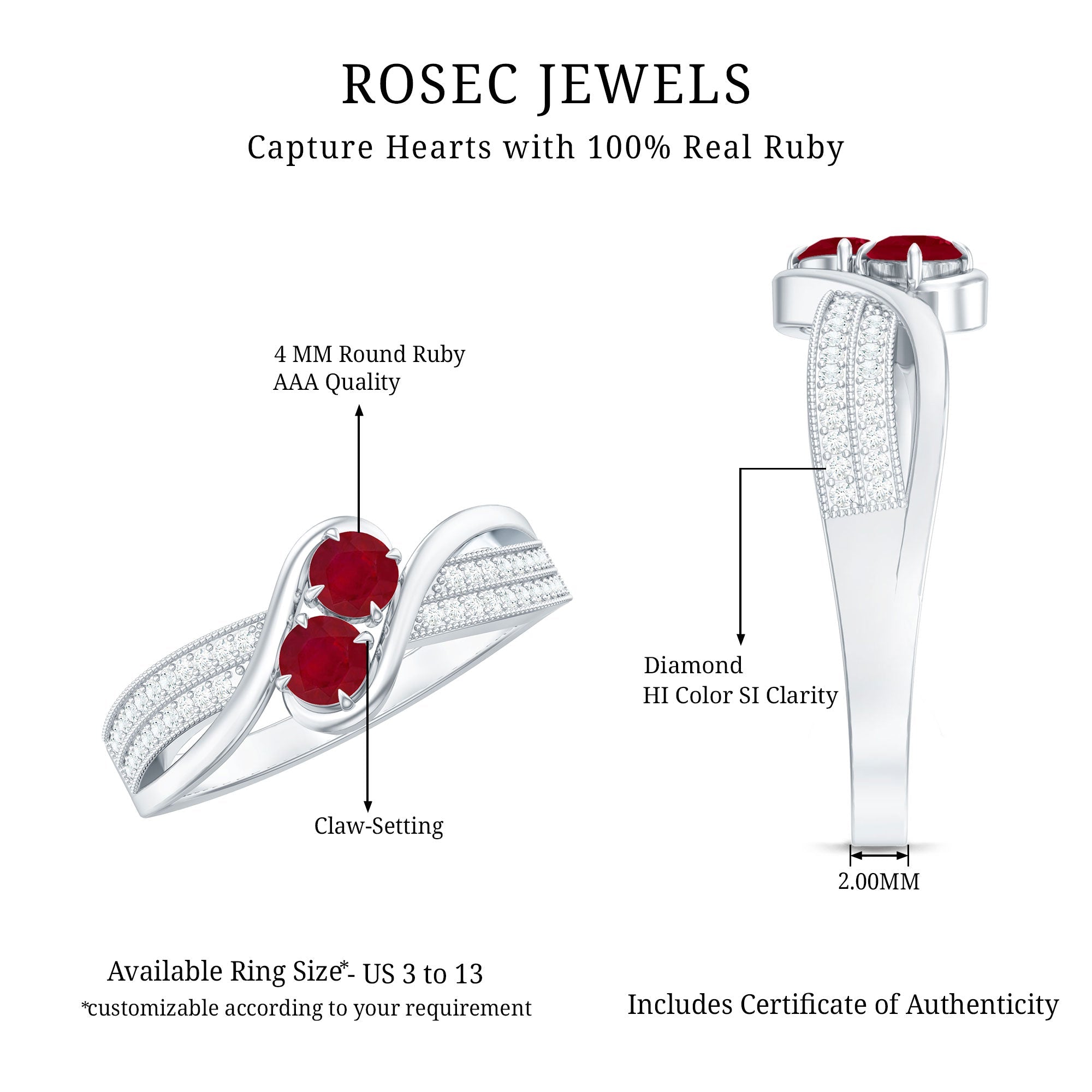 Two Stone Ruby Bypass Engagement Ring with Diamond