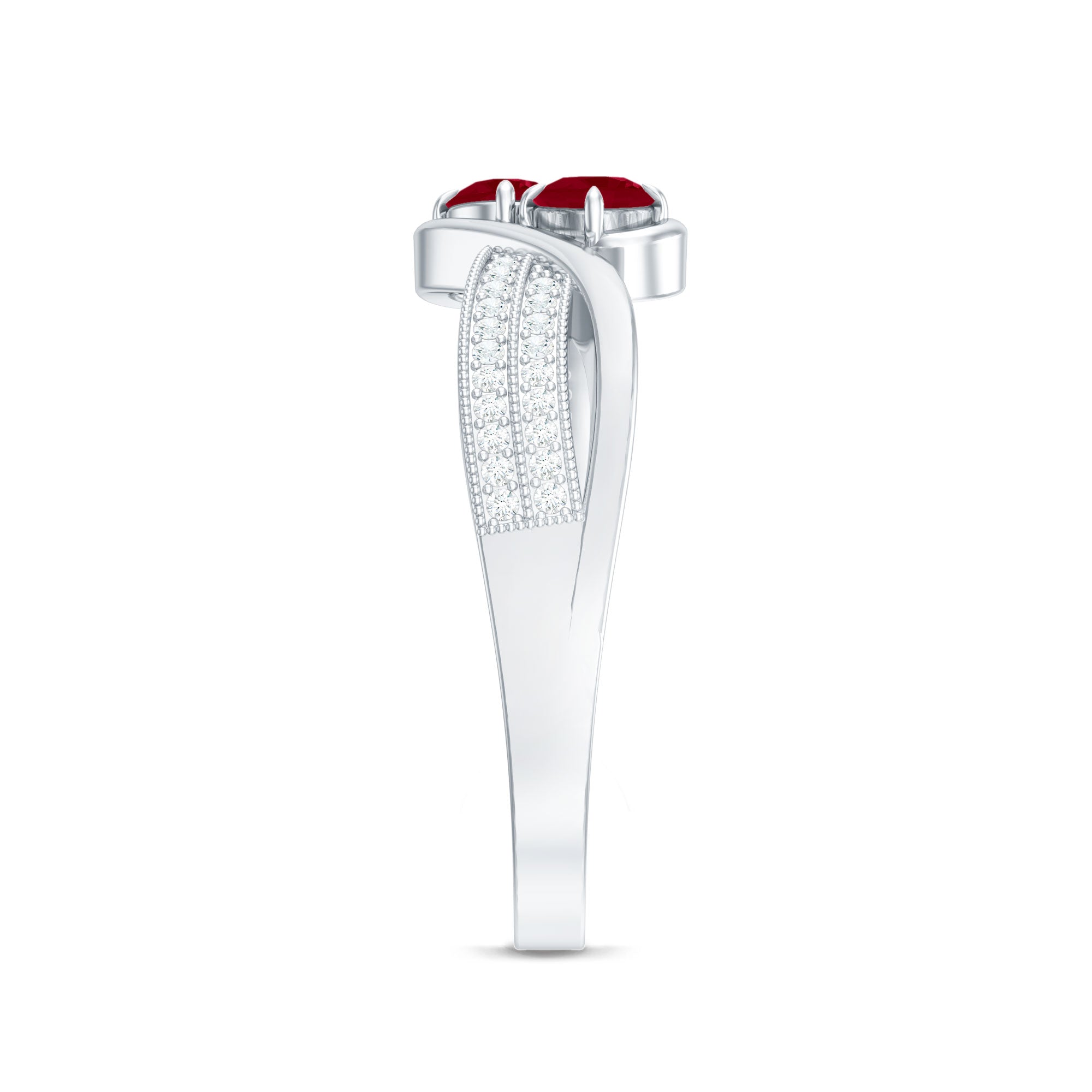 Two Stone Ruby Bypass Engagement Ring with Diamond