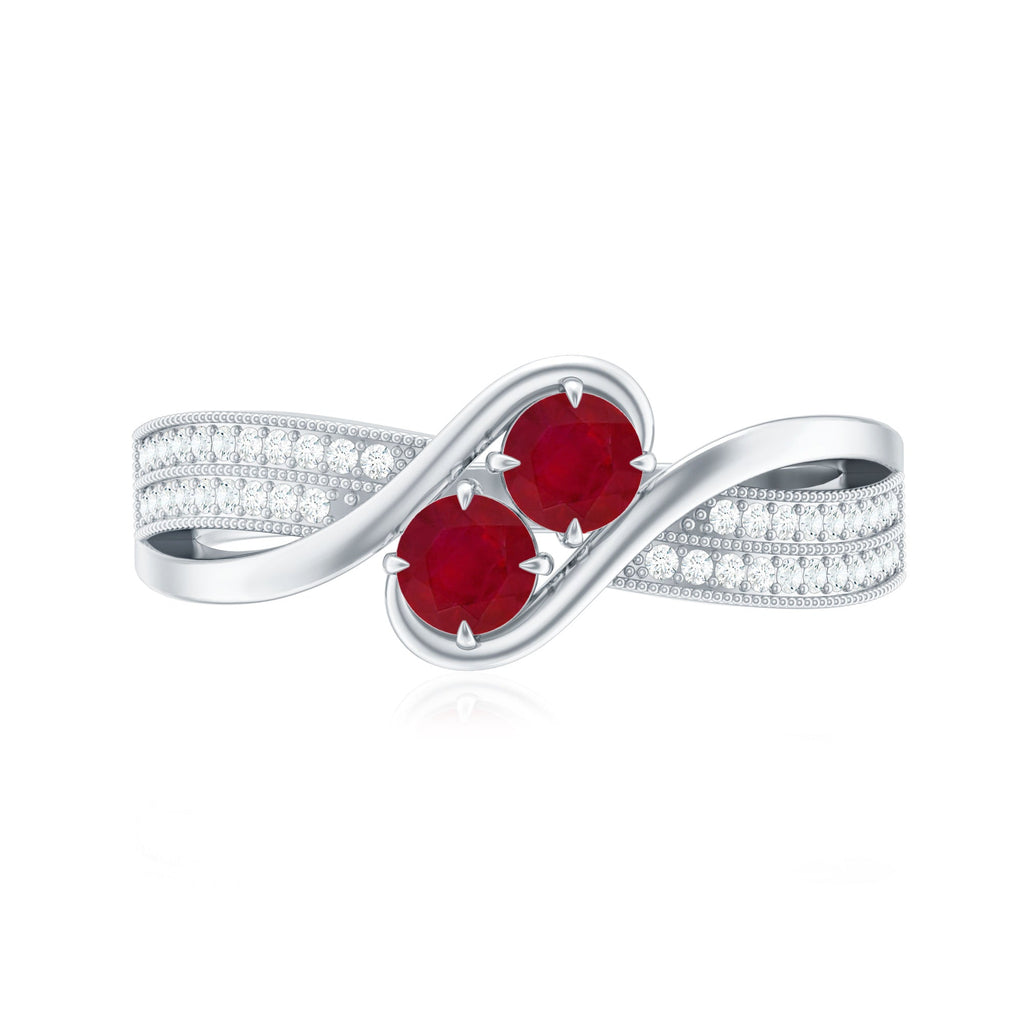 Two Stone Ruby Bypass Engagement Ring with Diamond