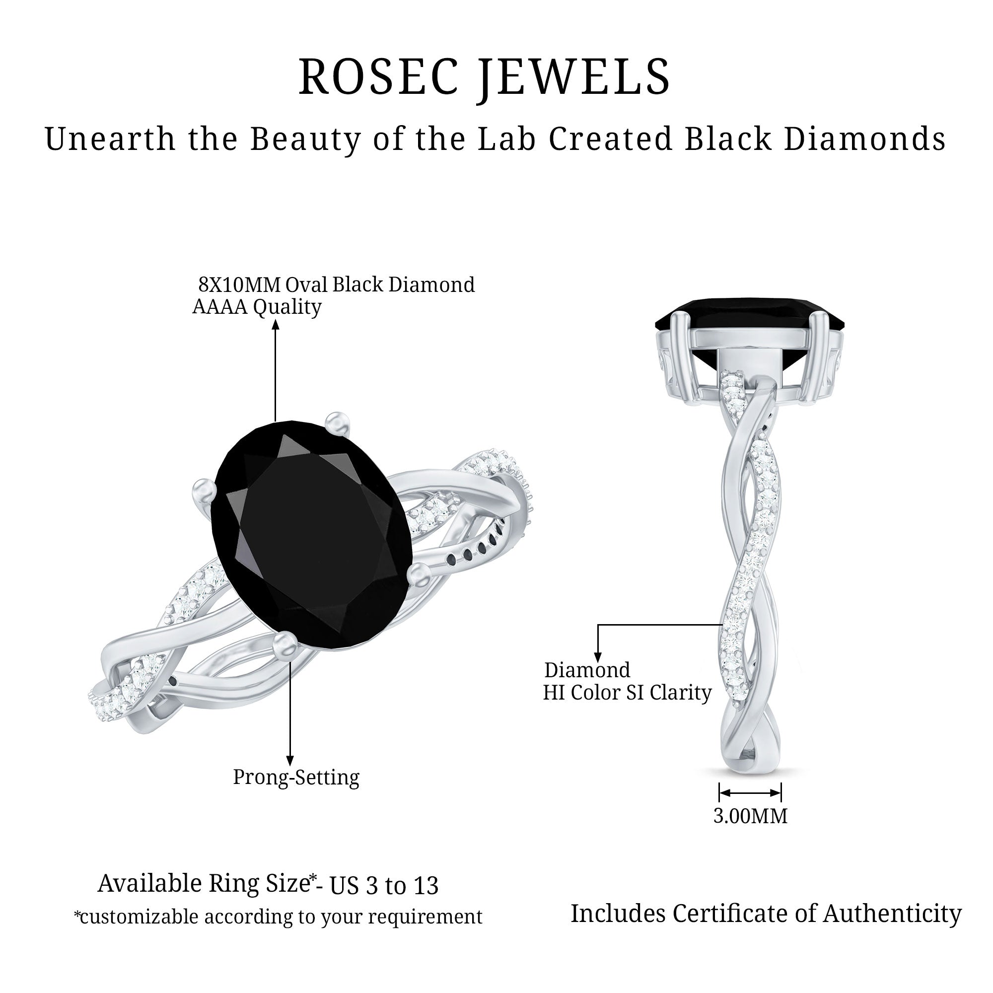 Oval Cut Solitaire Created Black Diamond Braided Engagement Ring with Diamond