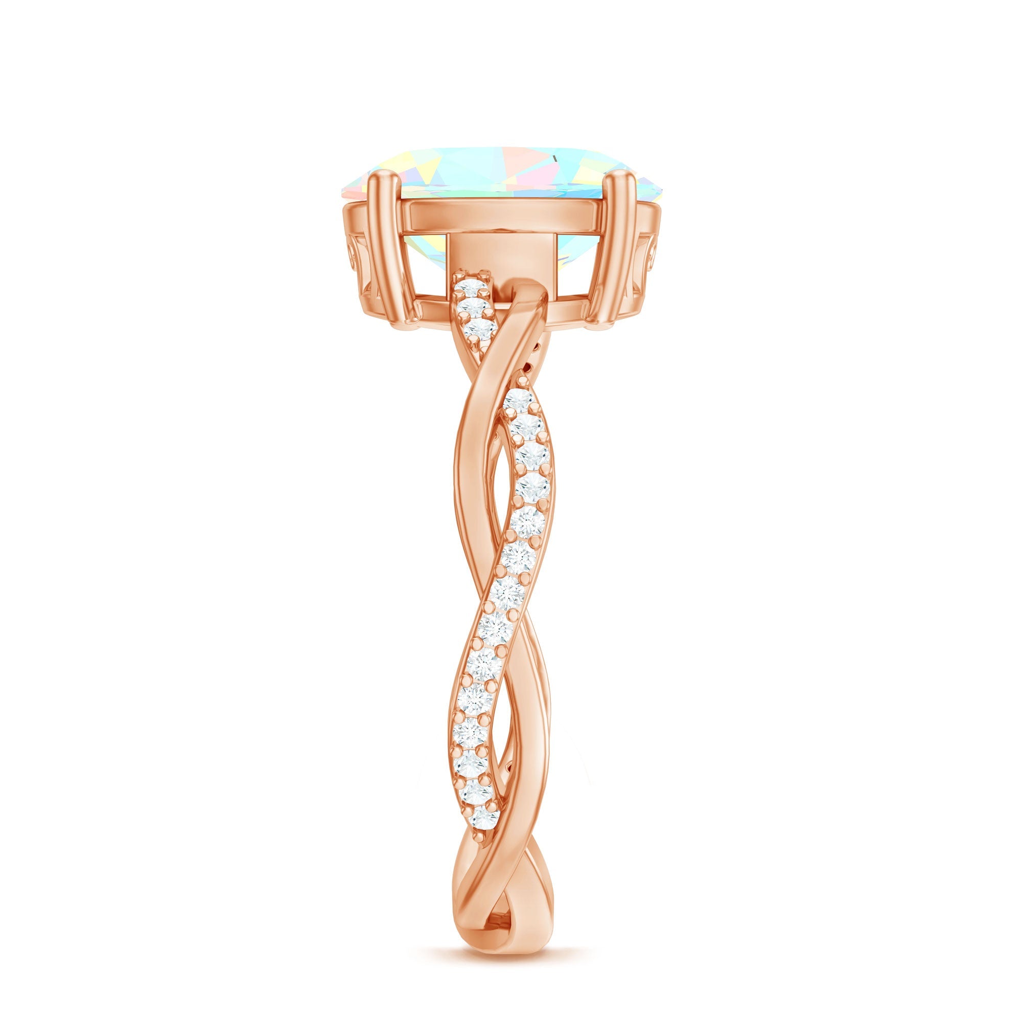 Real 8X10mm Ethiopian Rainbow Opal Engagement Ring with Diamond Braided Shank