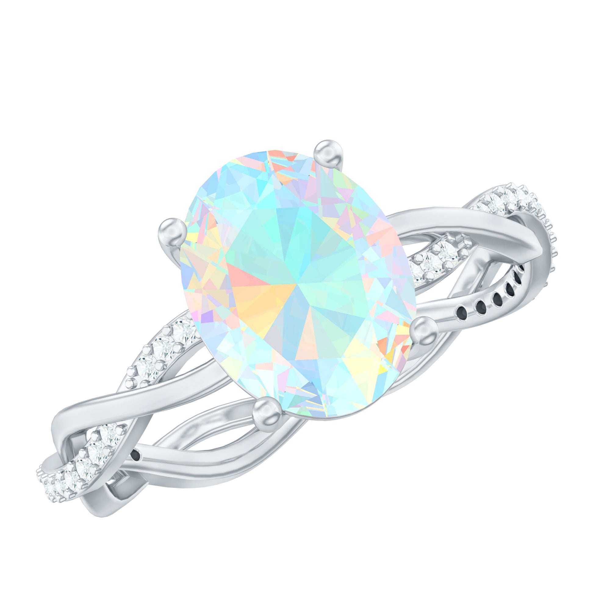 Real 8X10mm Ethiopian Rainbow Opal Engagement Ring with Diamond Braided Shank