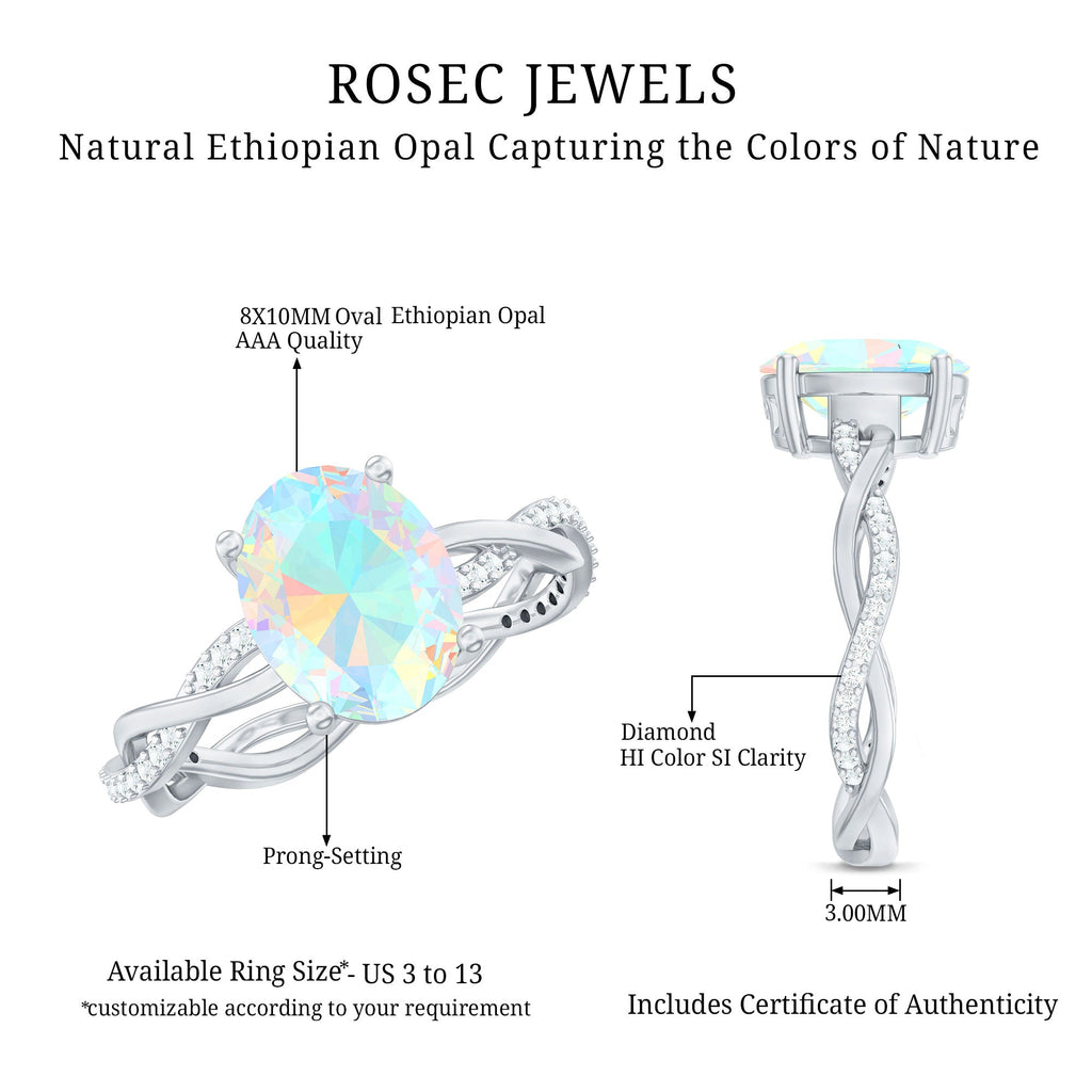 Real 8X10mm Ethiopian Rainbow Opal Engagement Ring with Diamond Braided Shank