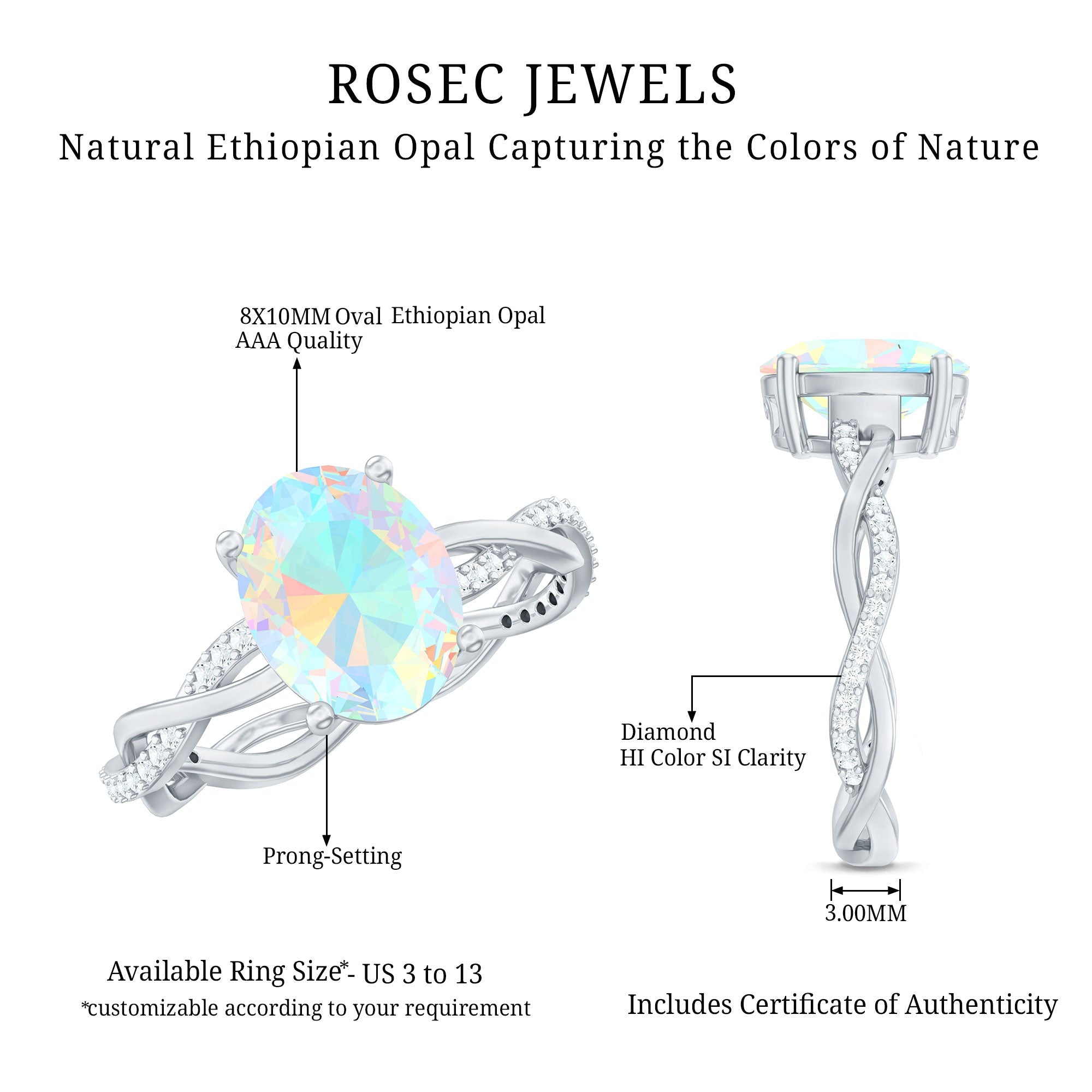 Real 8X10mm Ethiopian Rainbow Opal Engagement Ring with Diamond Braided Shank