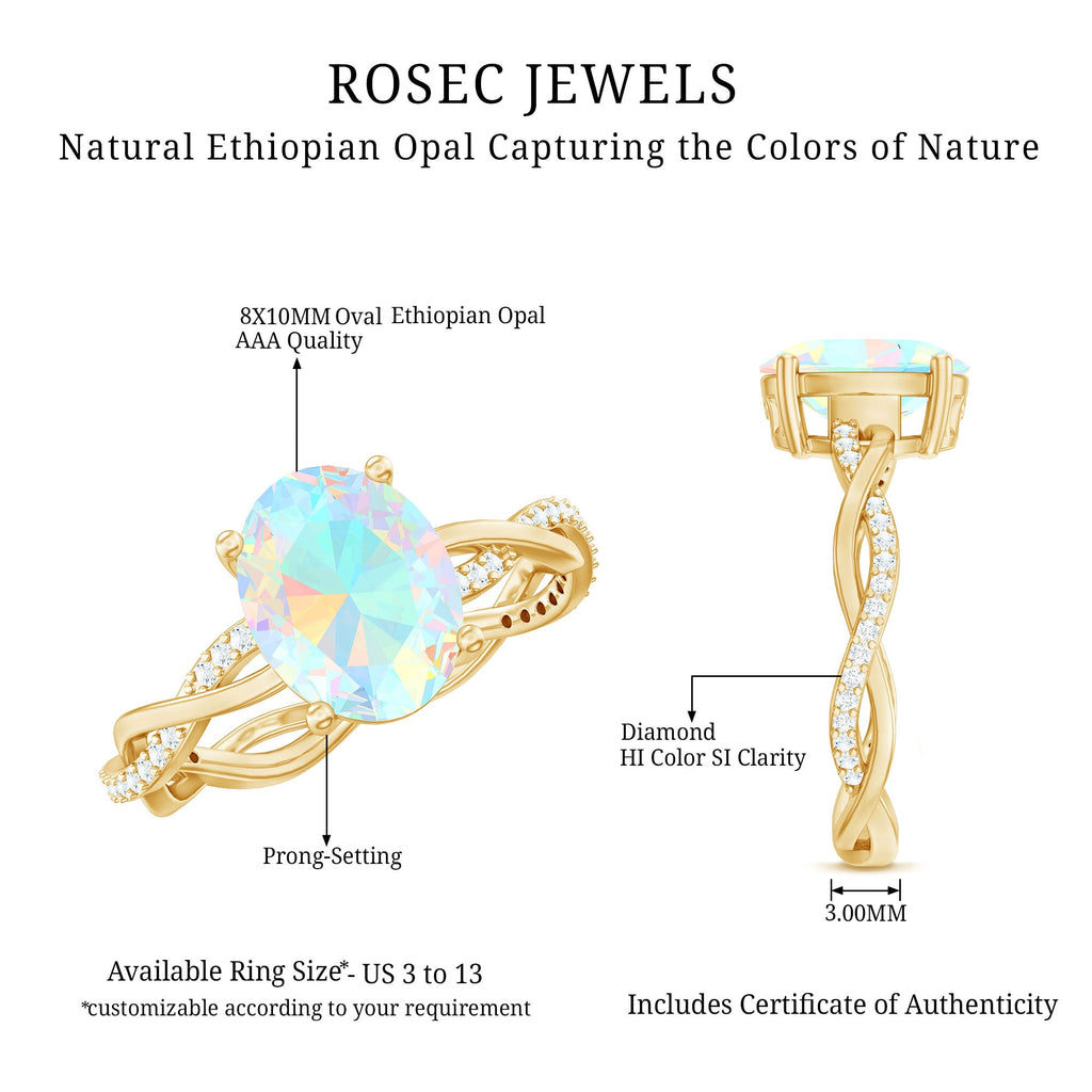 Real 8X10mm Ethiopian Rainbow Opal Engagement Ring with Diamond Braided Shank